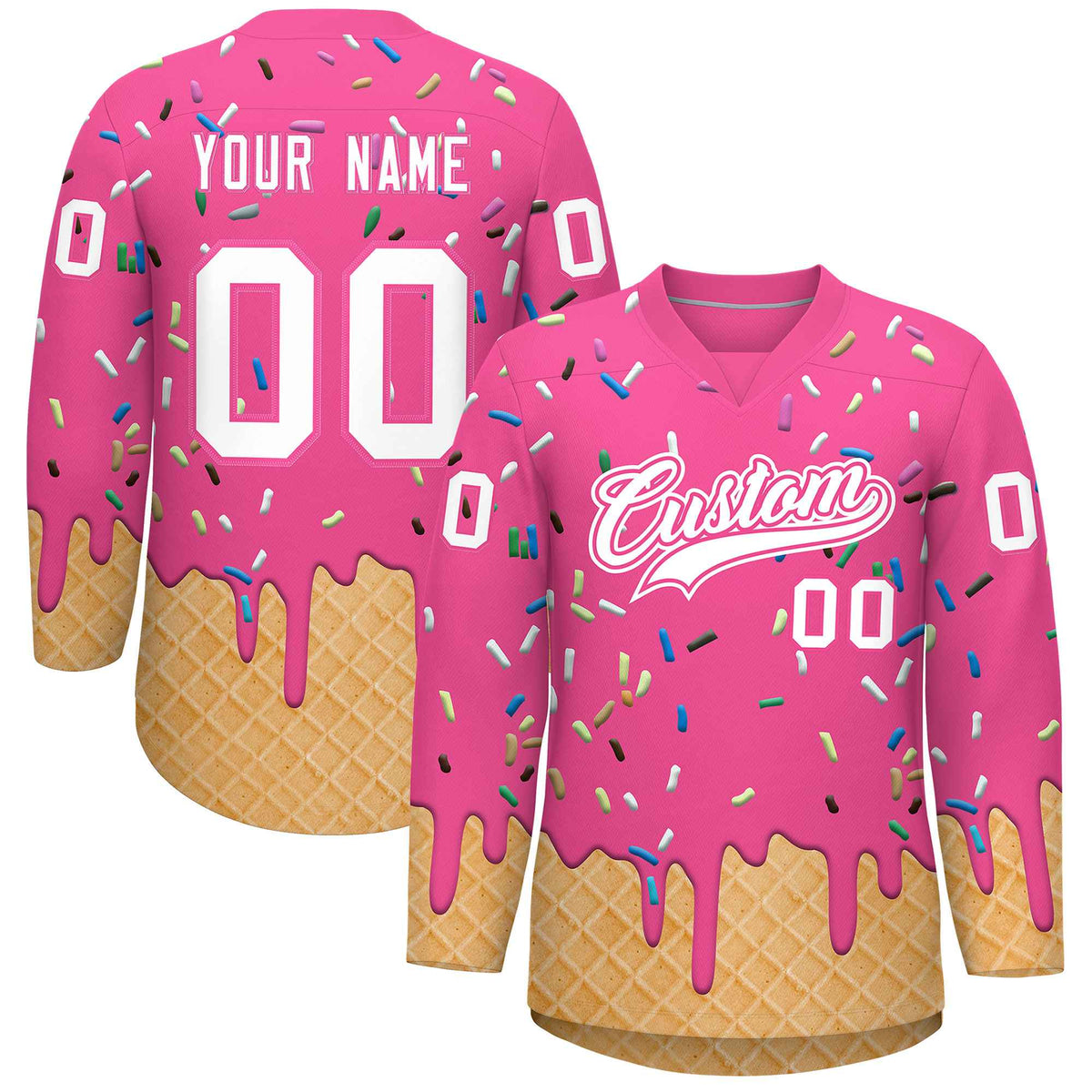 Custom Pink White Ice Cream Pattern Personalized V-Neck Hockey Jersey
