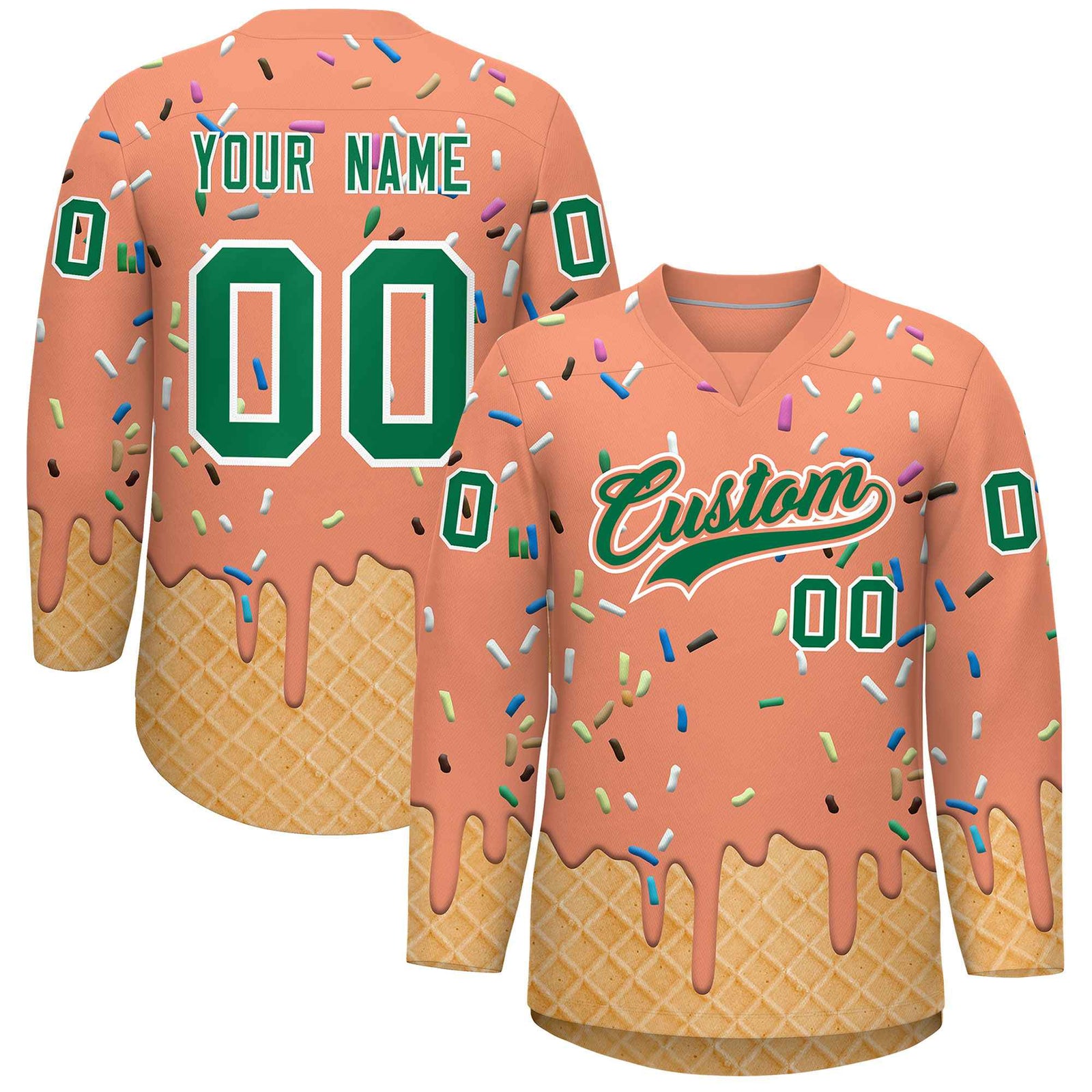 Custom Light Orange Kelly Green Ice Cream Pattern Personalized V-Neck Hockey Jersey