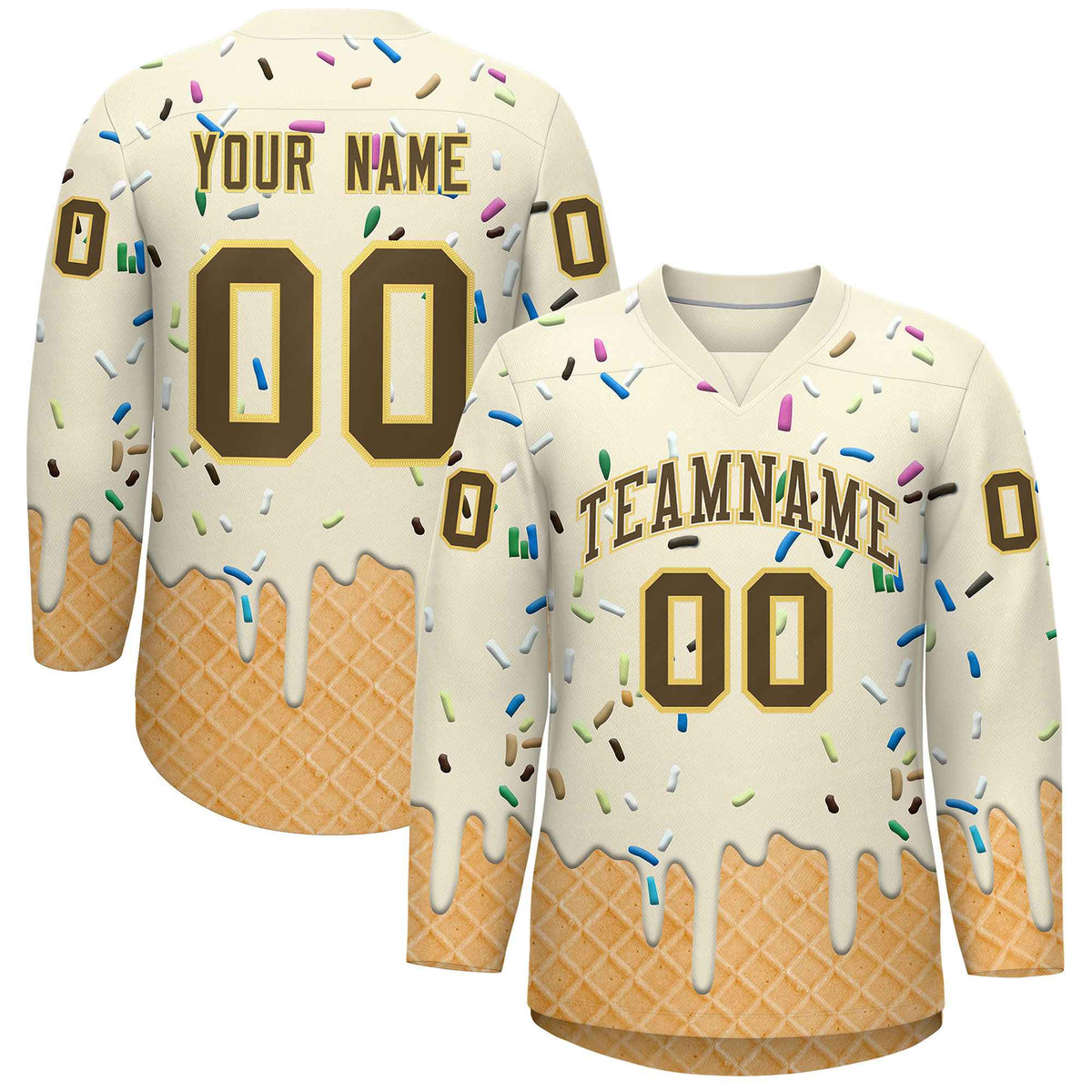 Custom Cream Light Brown Ice Cream Pattern Personalized V-Neck Hockey Jersey