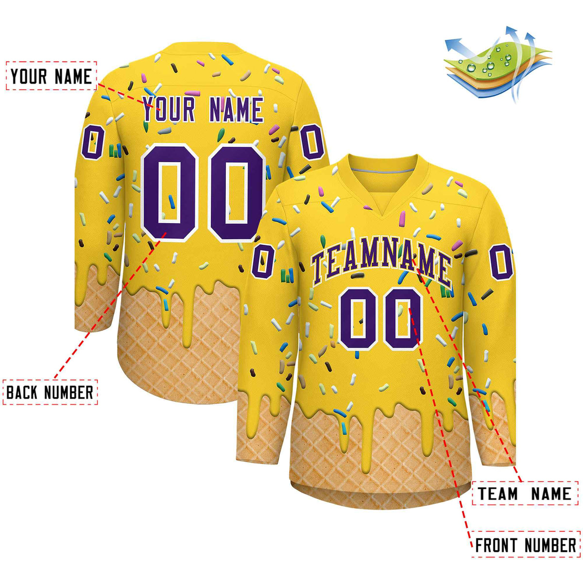 Custom Gold Purple Ice Cream Pattern Personalized V-Neck Hockey Jersey