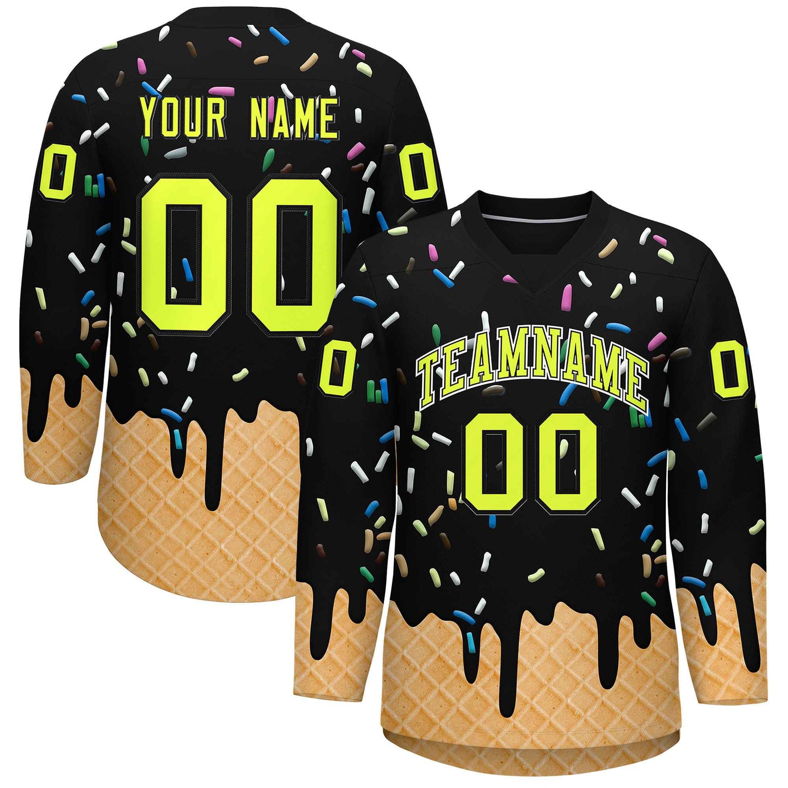 Custom Black Fluorescent Green Ice Cream Pattern Personalized V-Neck Hockey Jersey
