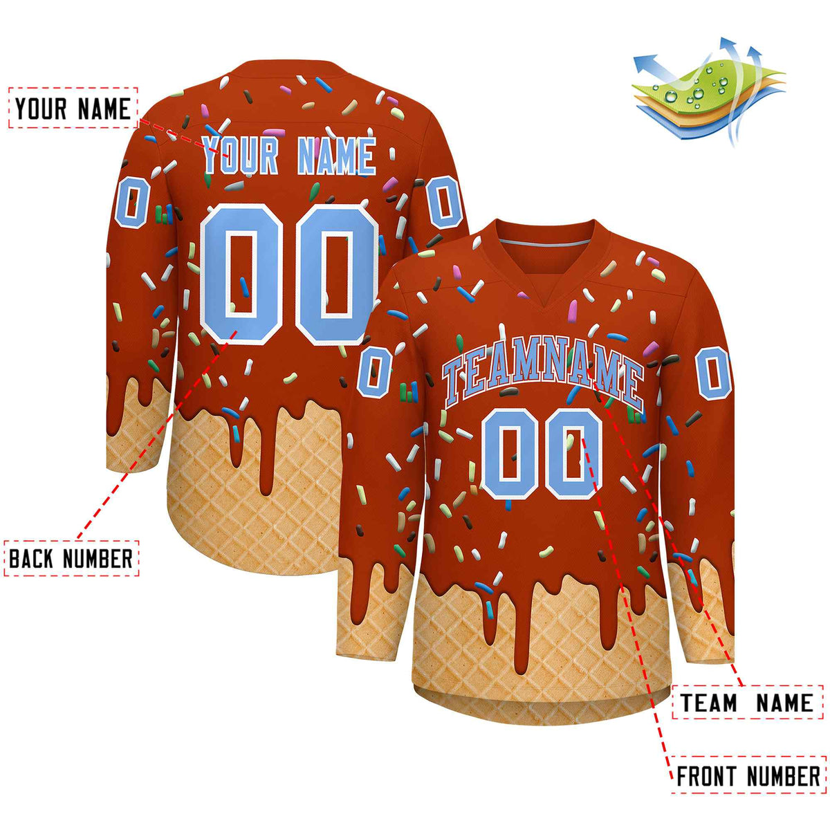 Custom Dark Orange Light Blue Ice Cream Pattern Personalized V-Neck Hockey Jersey