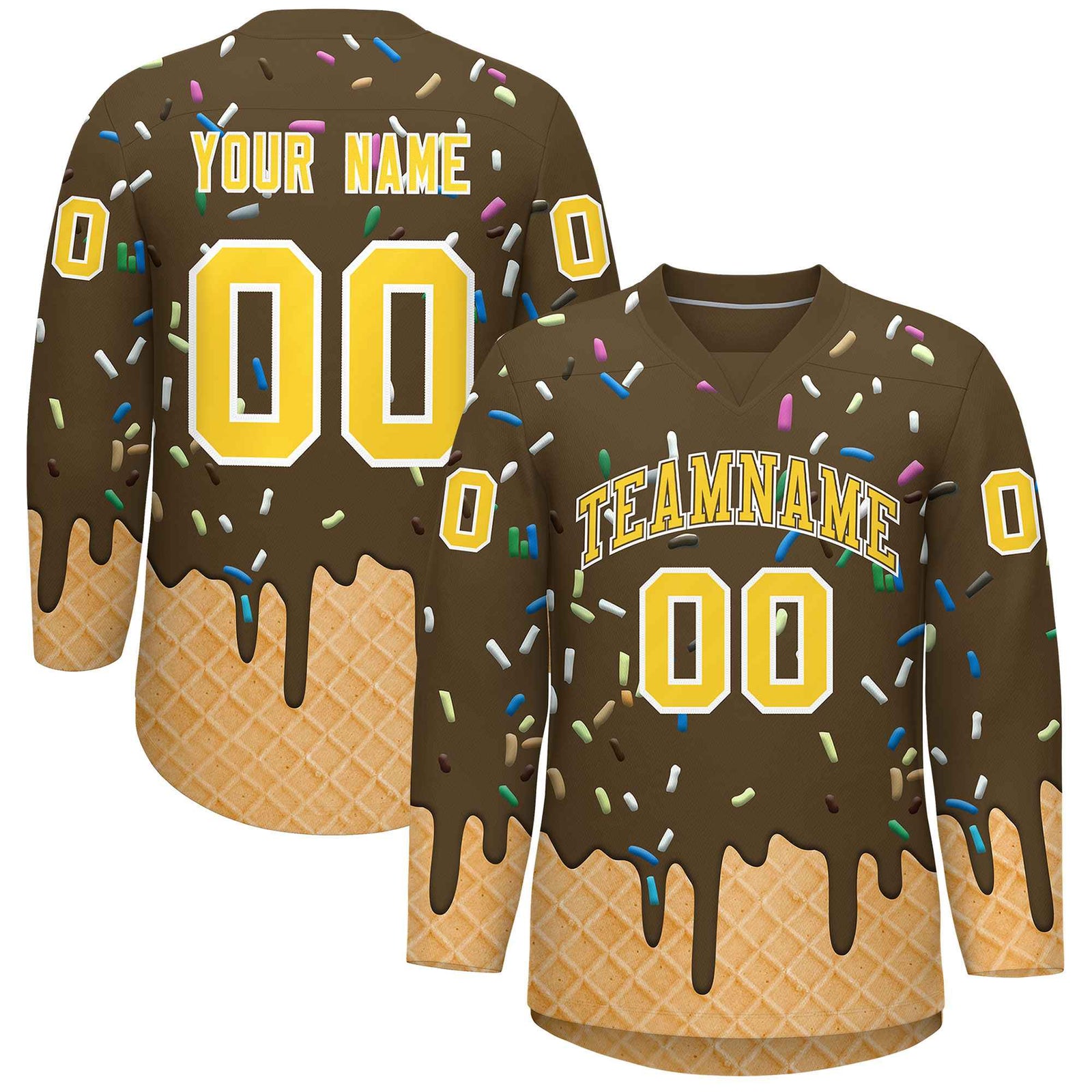 Custom Light Brown Gold Ice Cream Pattern Personalized V-Neck Hockey Jersey