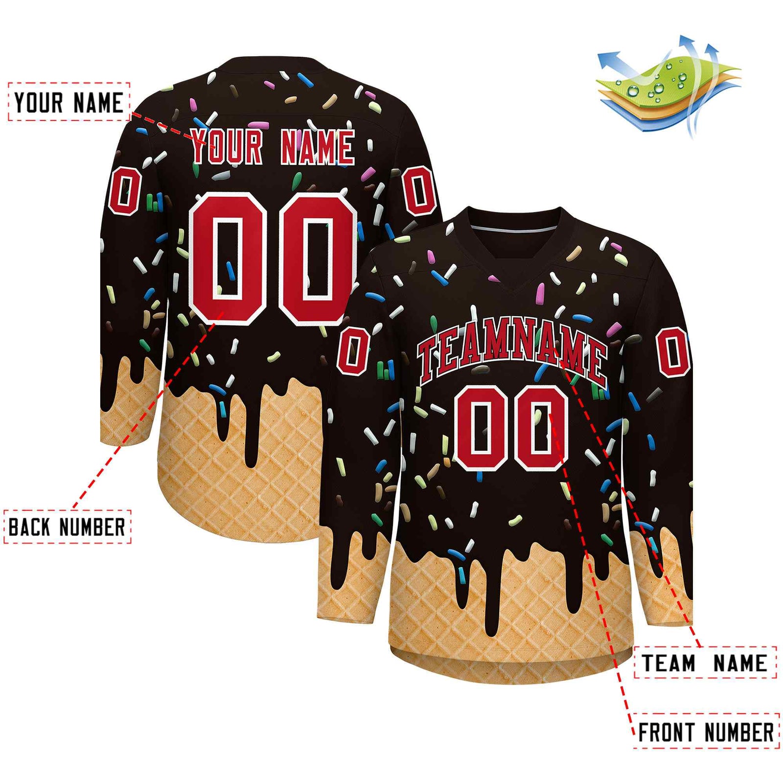 Custom Brown Red Ice Cream Pattern Personalized V-Neck Hockey Jersey