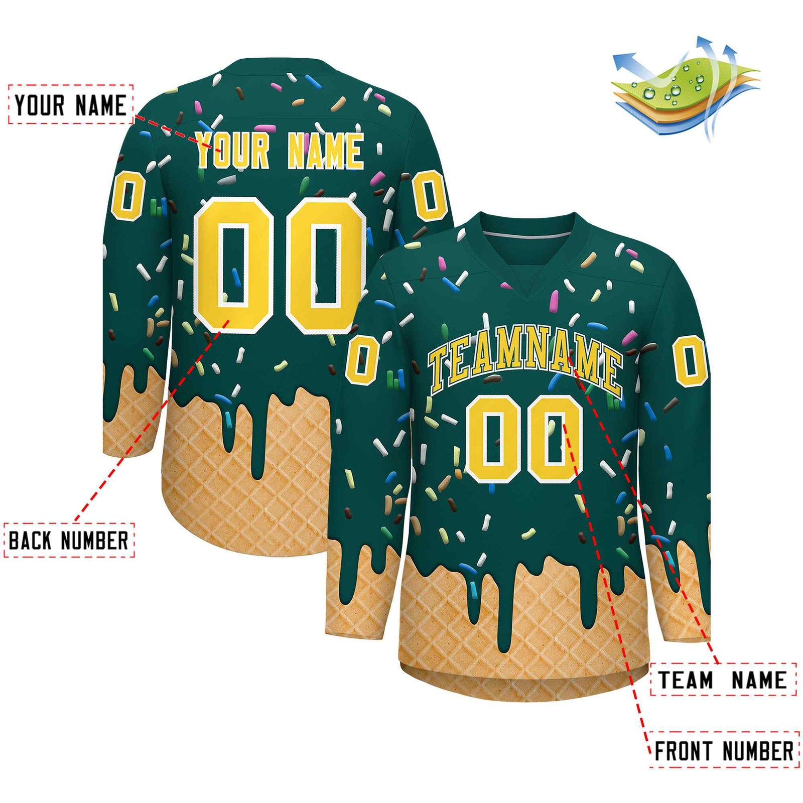 Custom Midnight Green Gold Ice Cream Pattern Personalized V-Neck Hockey Jersey