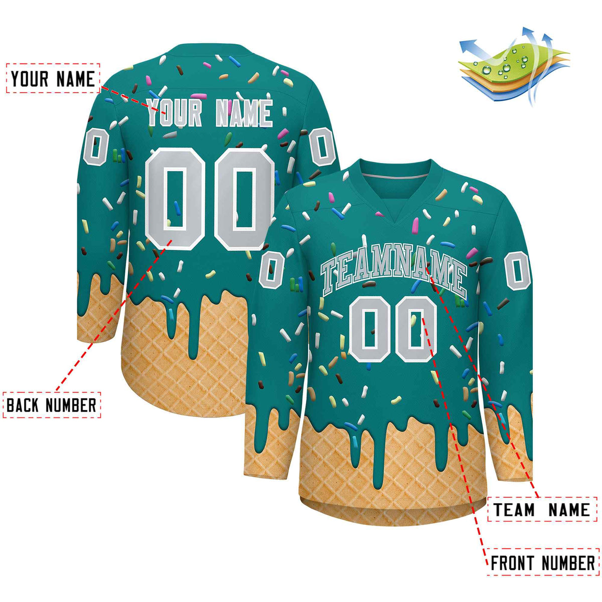 Custom Teal Silver Ice Cream Pattern Personalized V-Neck Hockey Jersey