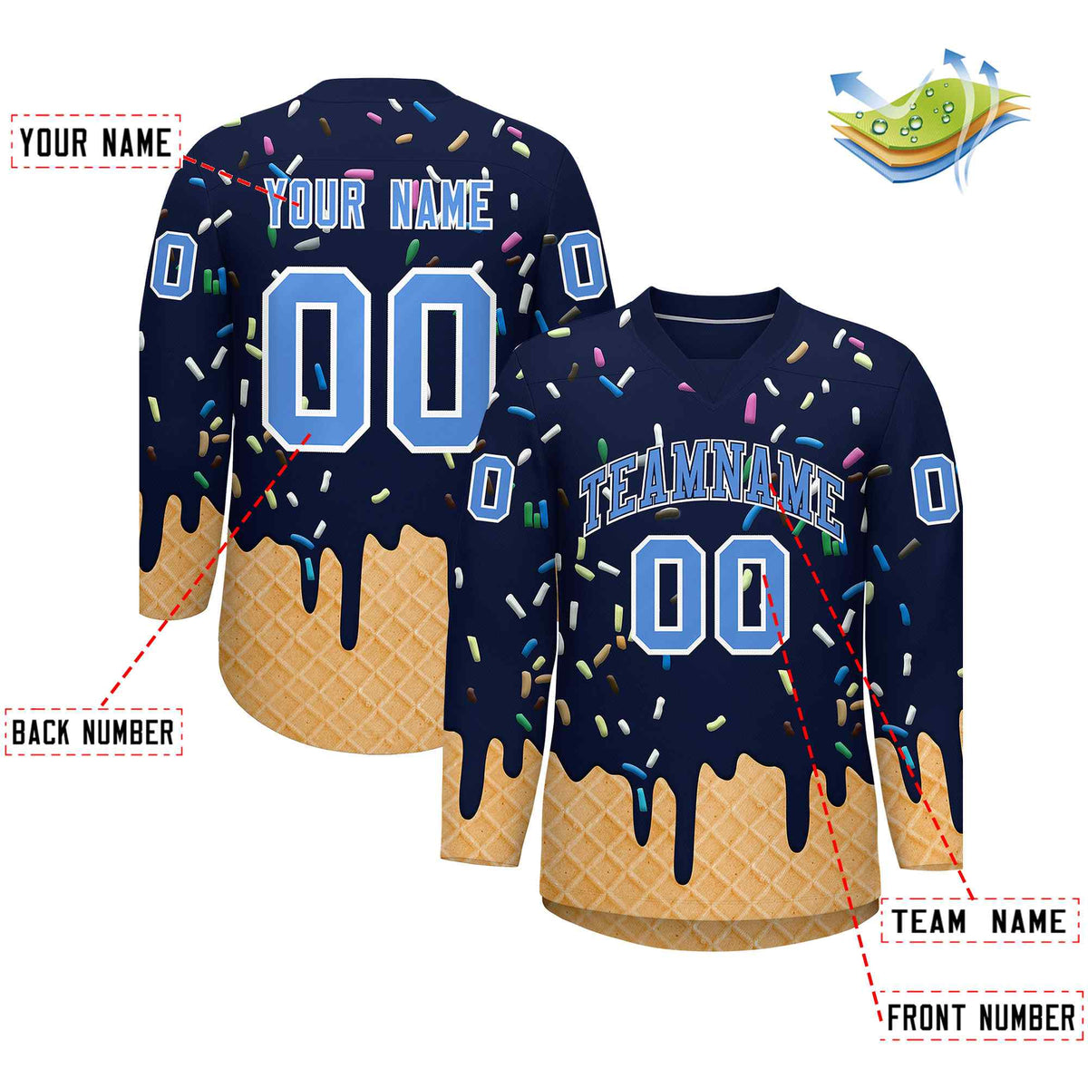 Custom Navy Powder Blue Ice Cream Pattern Personalized V-Neck Hockey Jersey