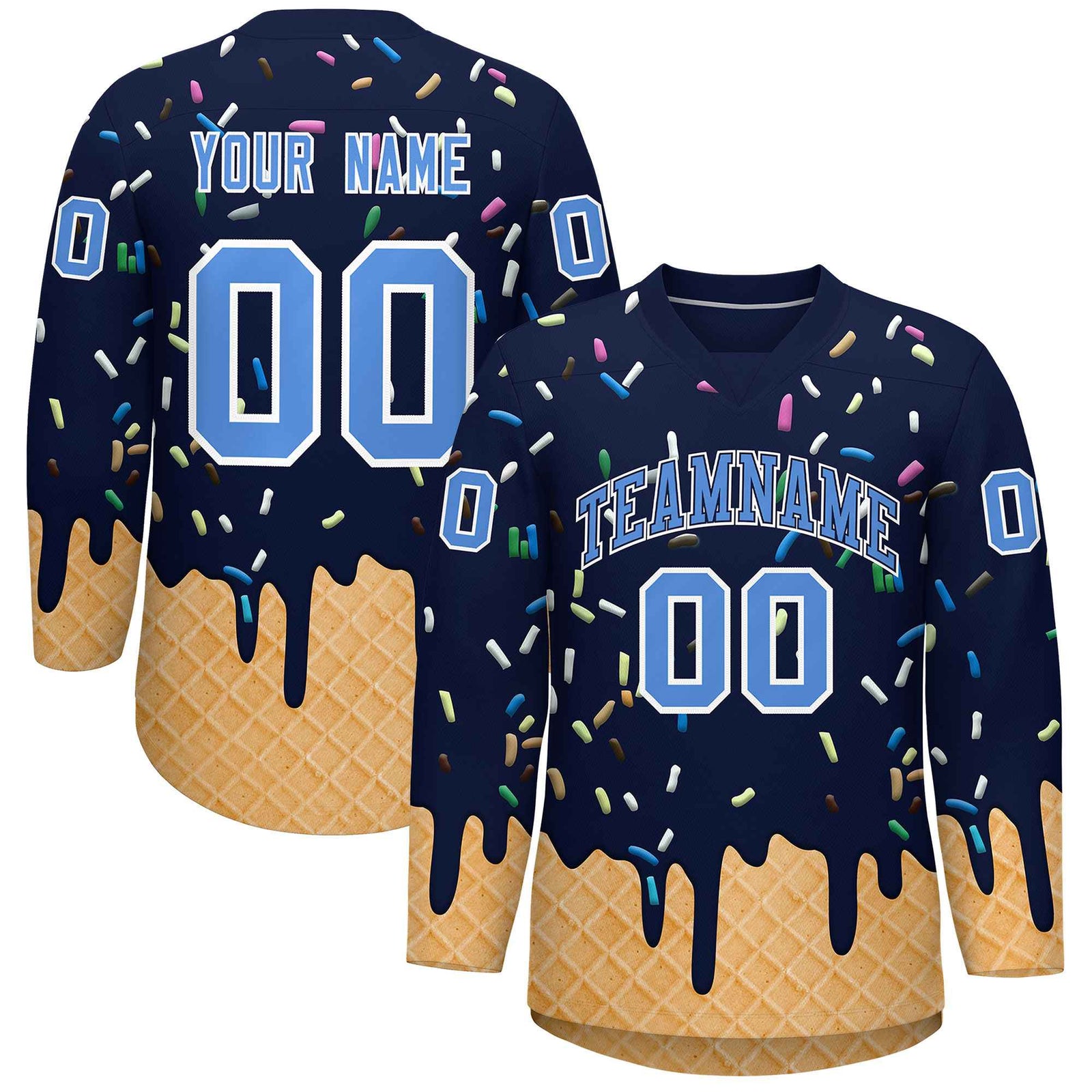 Custom Navy Powder Blue Ice Cream Pattern Personalized V-Neck Hockey Jersey