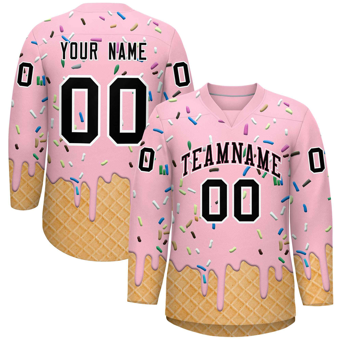 Custom Light Pink Black Ice Cream Pattern Personalized V-Neck Hockey Jersey