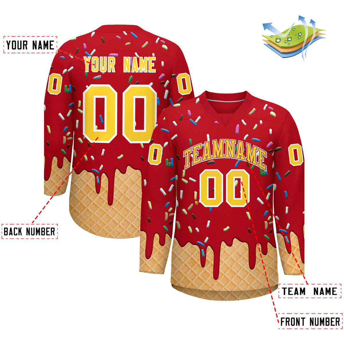 Custom Red Gold Ice Cream Pattern Personalized V-Neck Hockey Jersey