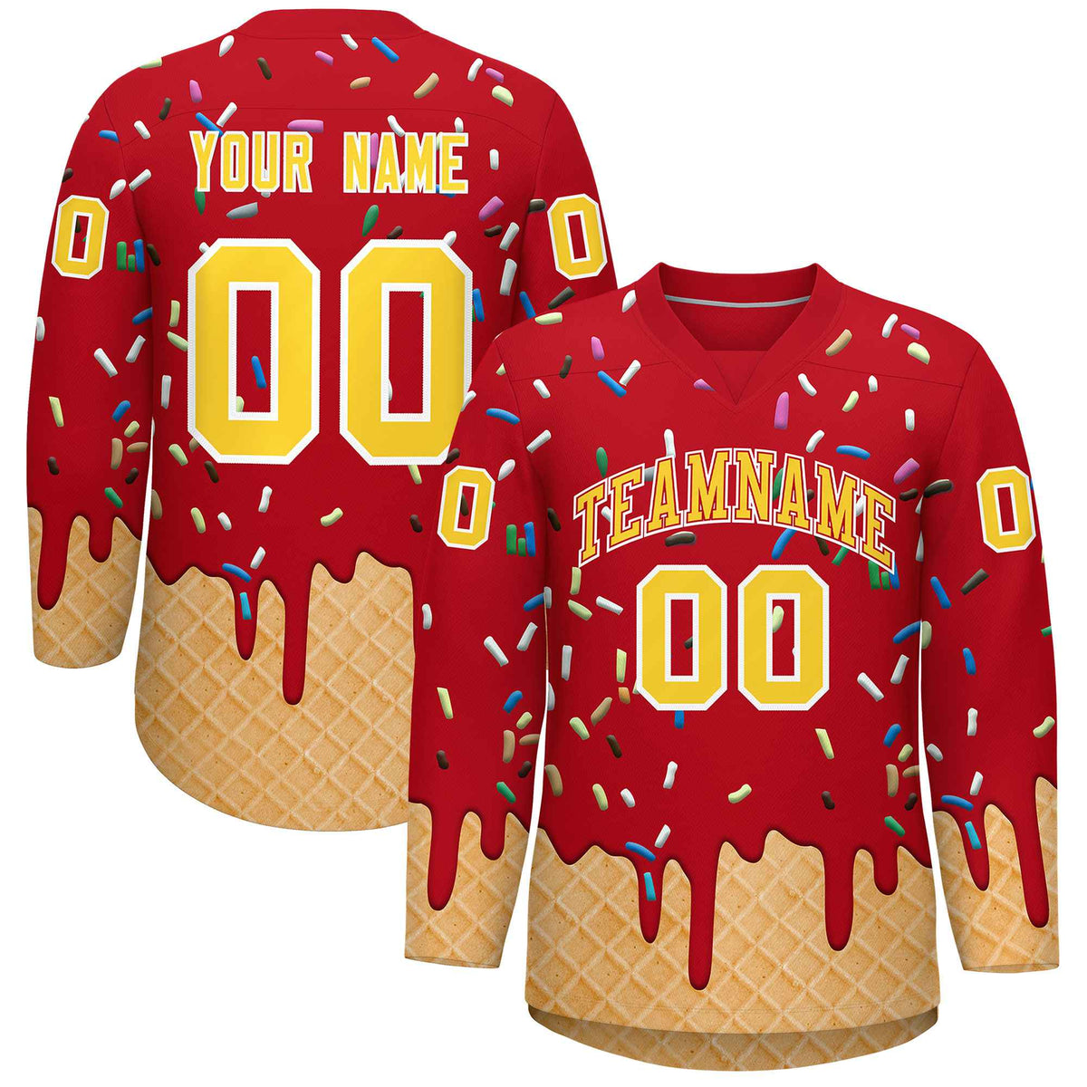 Custom Red Gold Ice Cream Pattern Personalized V-Neck Hockey Jersey