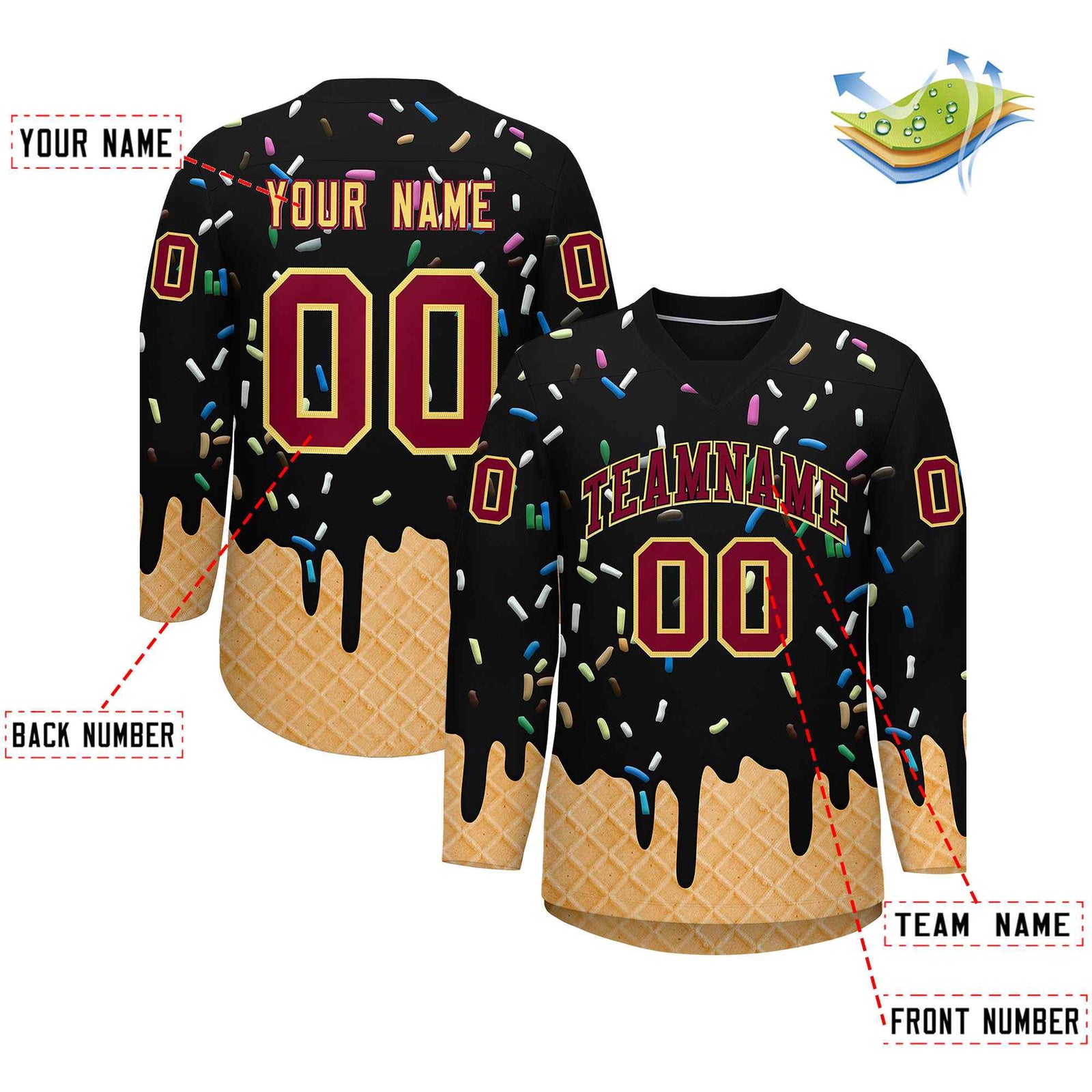 Custom Black Crimson Ice Cream Pattern Personalized V-Neck Hockey Jersey