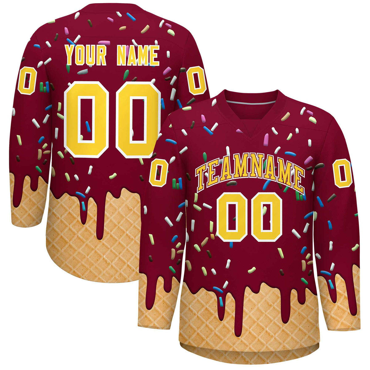 Custom Crimson Gold Ice Cream Pattern Personalized V-Neck Hockey Jersey