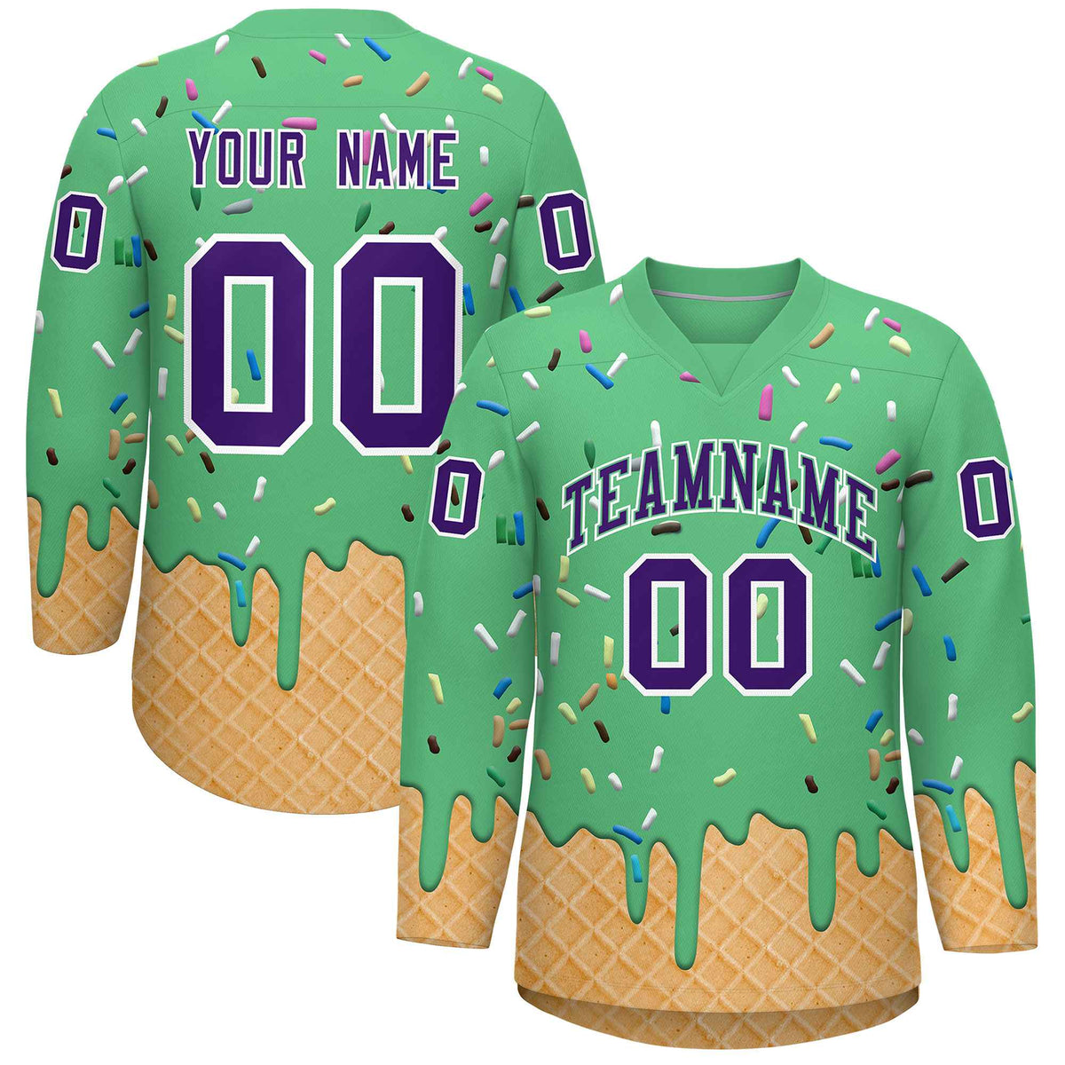 Custom Neon Green Purple Ice Cream Pattern Personalized V-Neck Hockey Jersey
