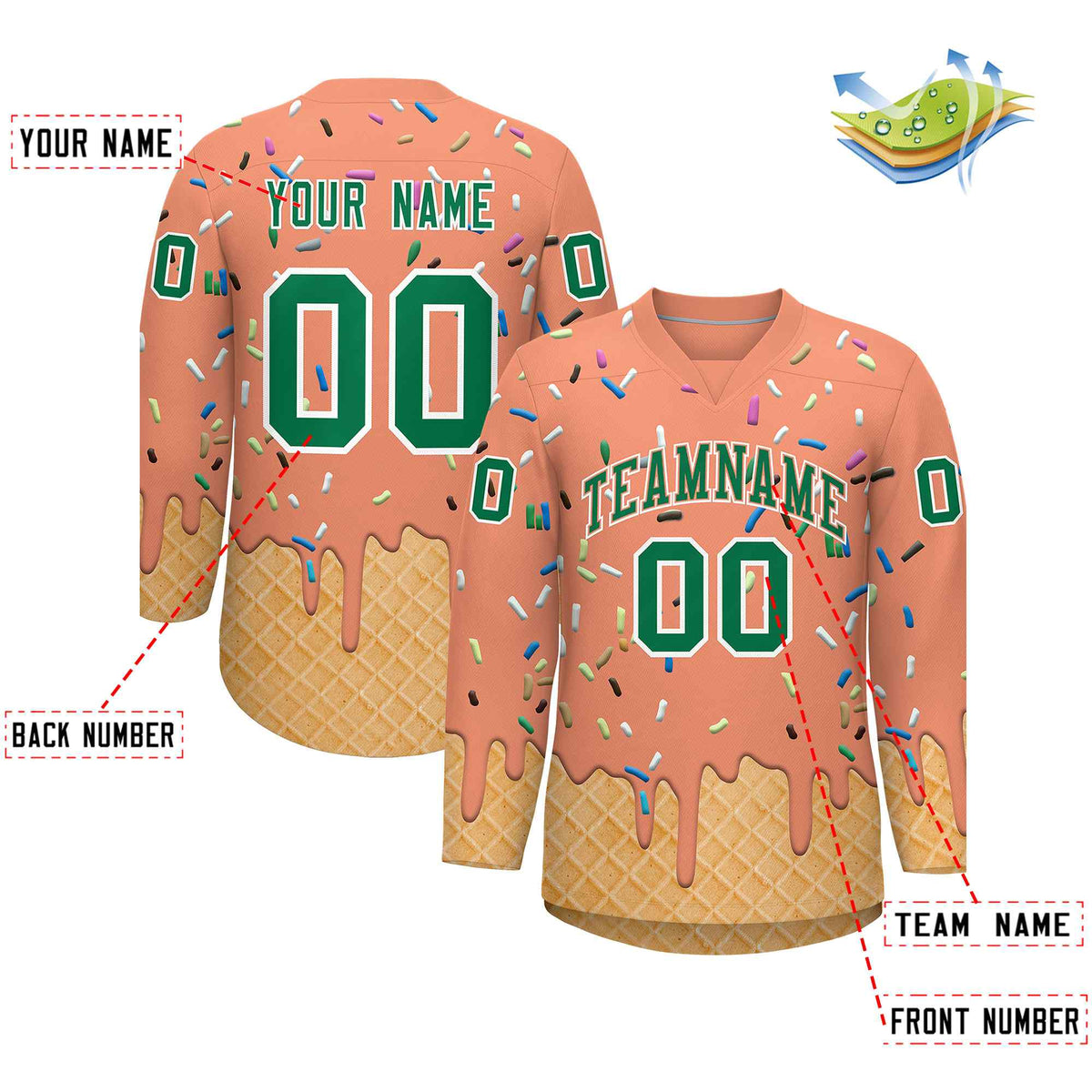 Custom Light Orange Kelly Green Ice Cream Pattern Personalized V-Neck Hockey Jersey
