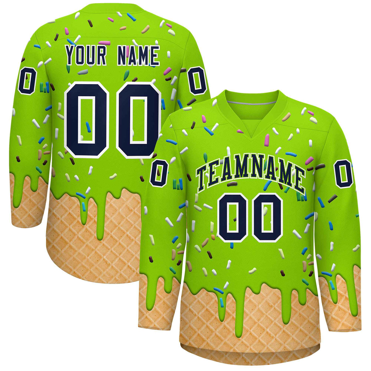 Custom Neon Green Navy Ice Cream Pattern Personalized V-Neck Hockey Jersey