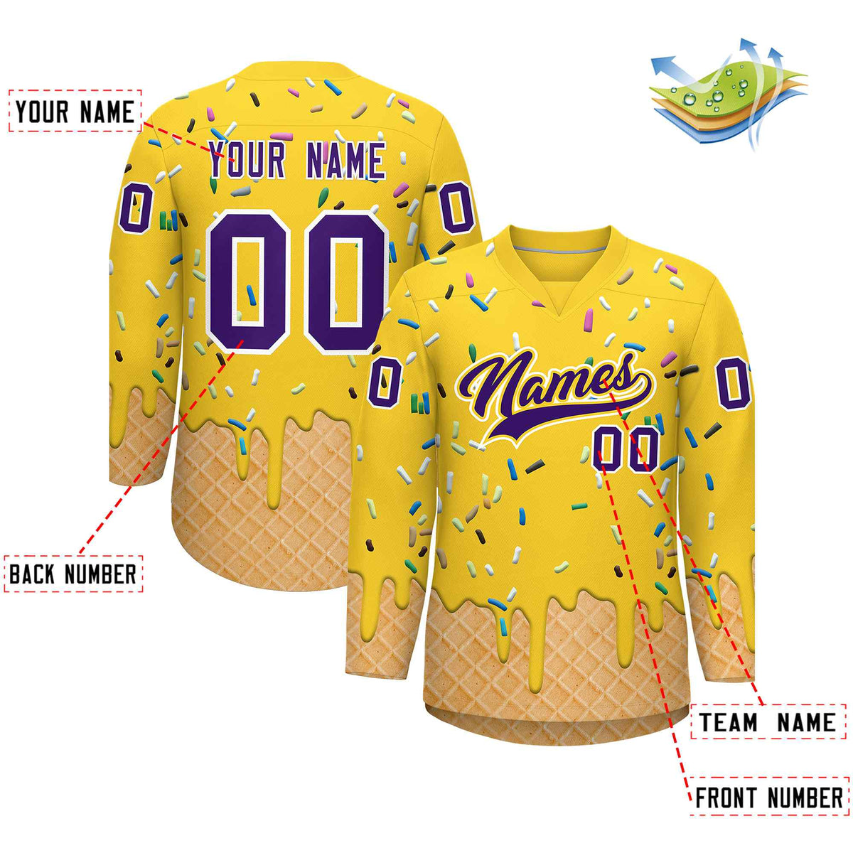 Custom Gold Purple Ice Cream Pattern Personalized V-Neck Hockey Jersey