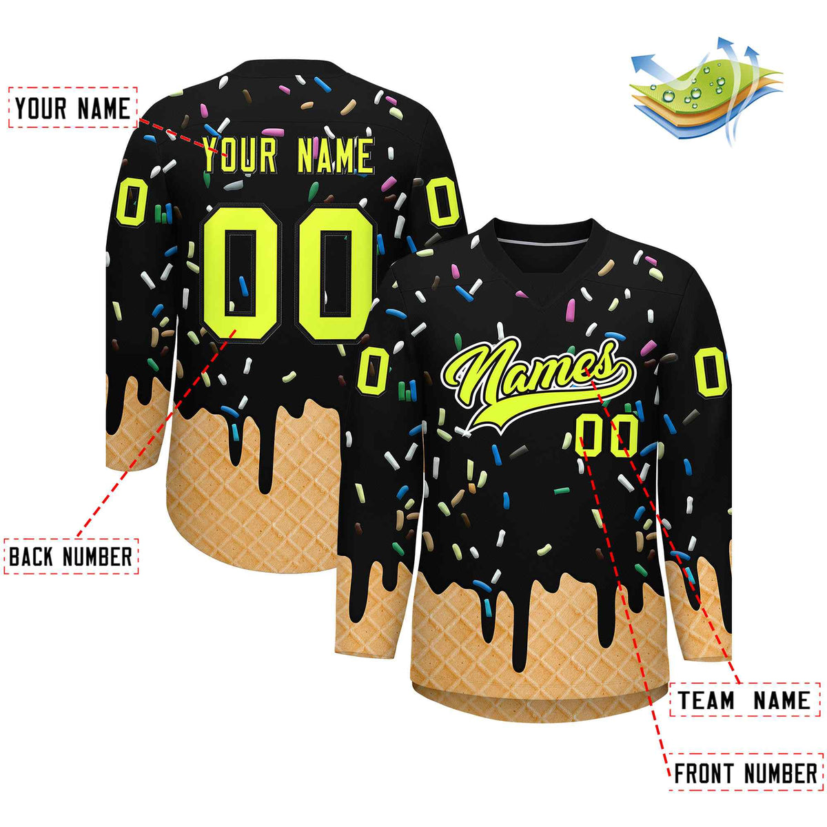 Custom Black Fluorescent Green Ice Cream Pattern Personalized V-Neck Hockey Jersey