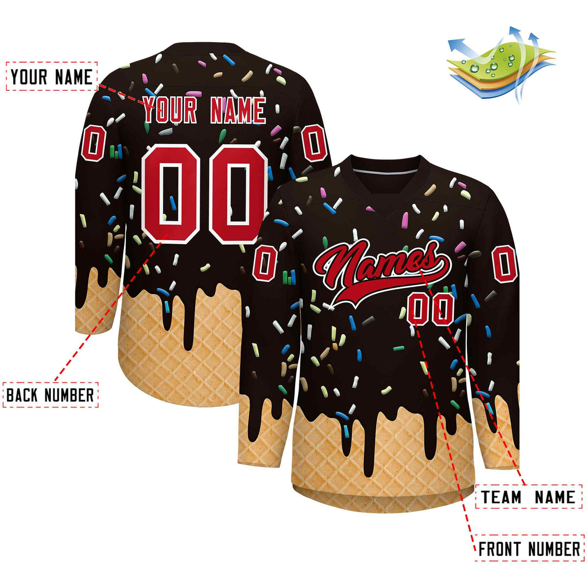 Custom Brown Red Ice Cream Pattern Personalized V-Neck Hockey Jersey