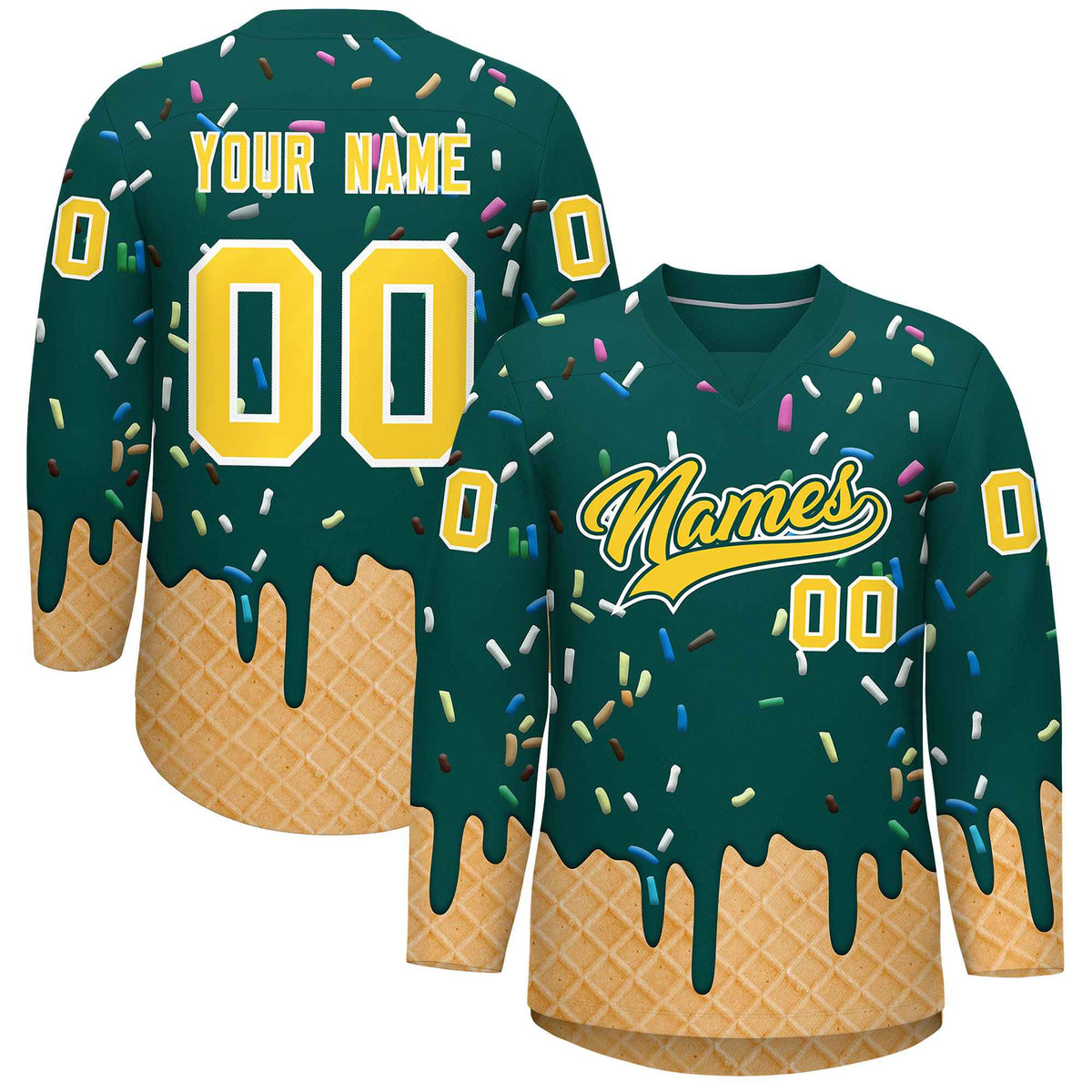 Custom Midnight Green Gold Ice Cream Pattern Personalized V-Neck Hockey Jersey
