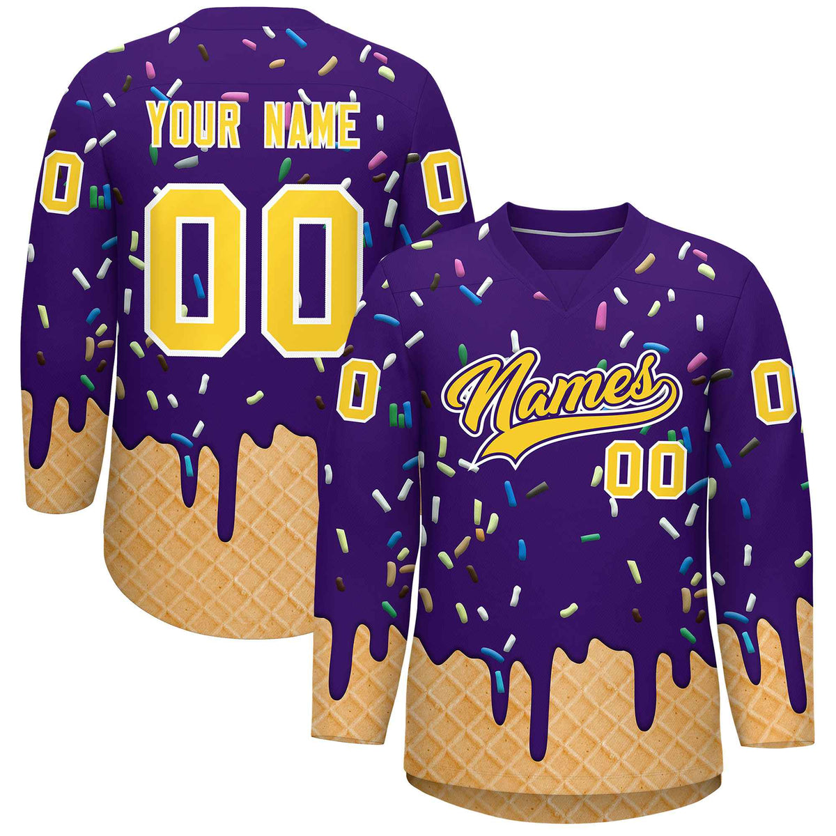 Custom Purple Gold Ice Cream Pattern Personalized V-Neck Hockey Jersey