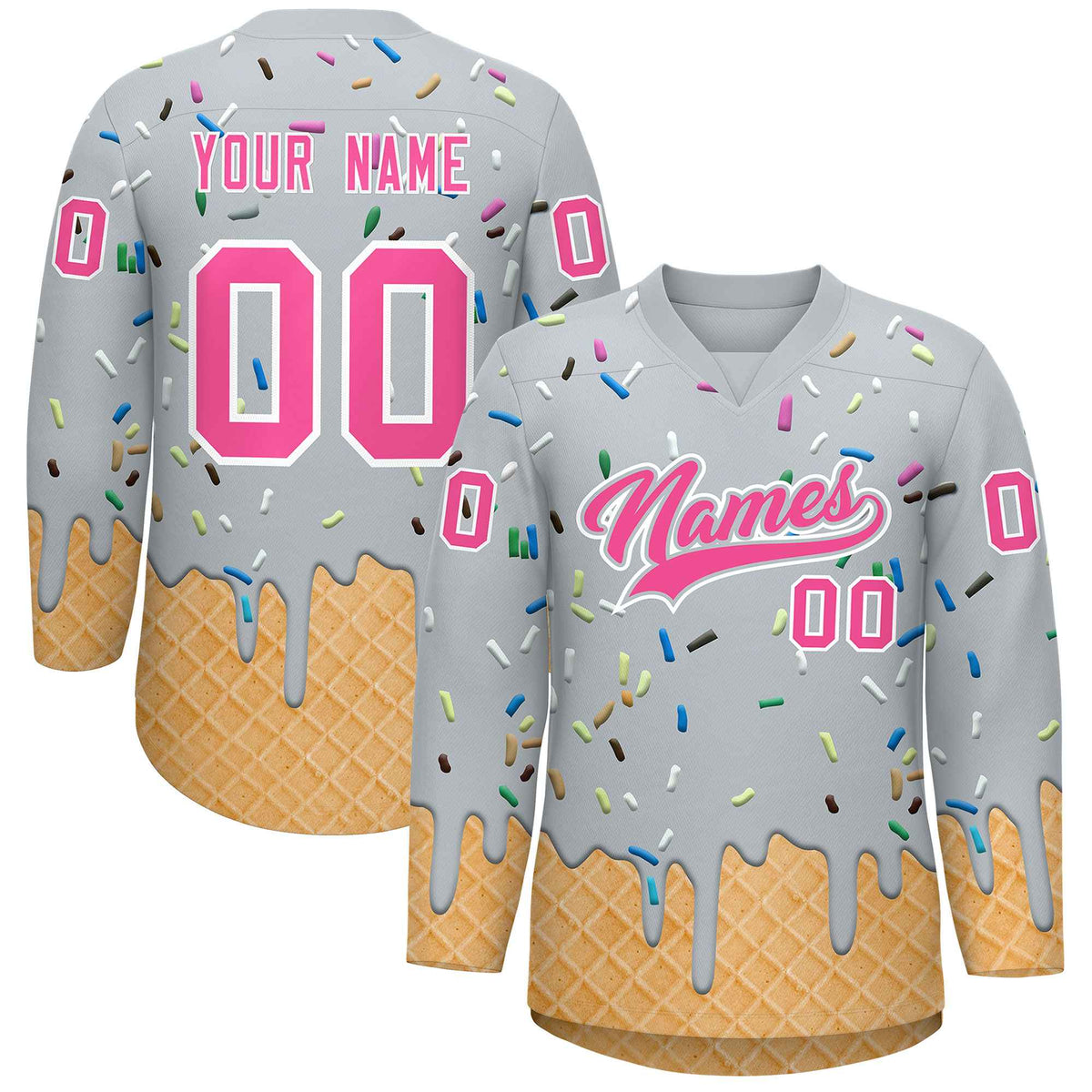 Custom Silver Pink Ice Cream Pattern Personalized V-Neck Hockey Jersey