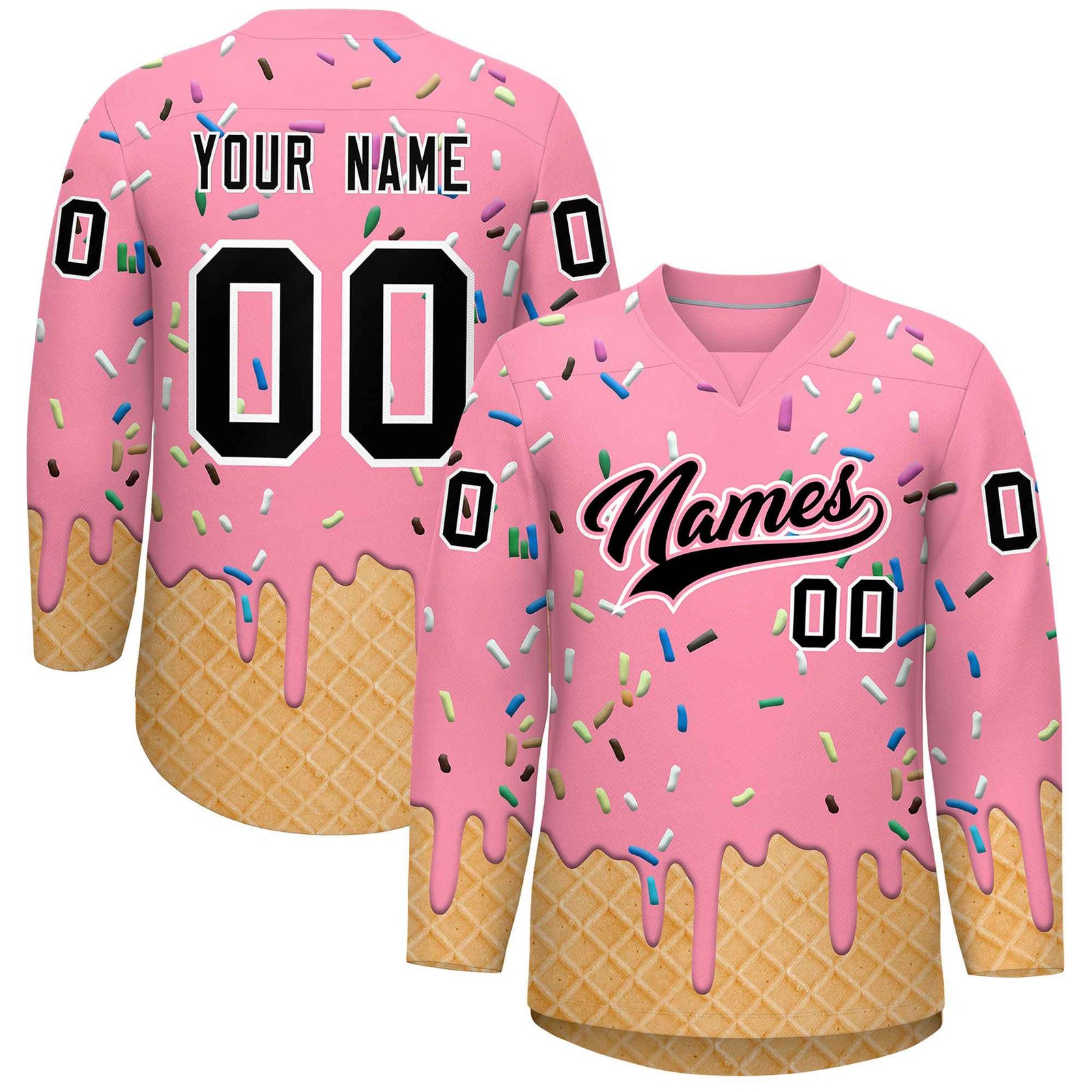 Custom Light Pink Black Ice Cream Pattern Personalized V-Neck Hockey Jersey