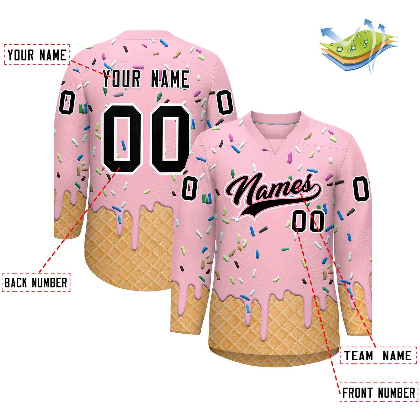 Custom Light Pink Black Ice Cream Pattern Personalized V-Neck Hockey Jersey