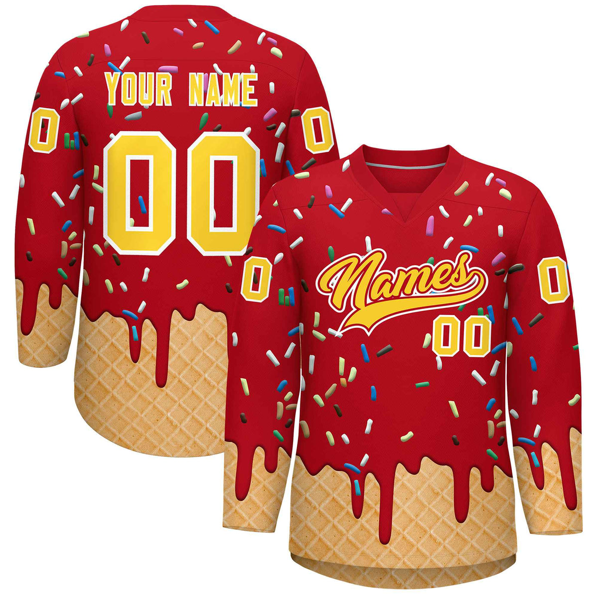 Custom Red Gold Ice Cream Pattern Personalized V-Neck Hockey Jersey