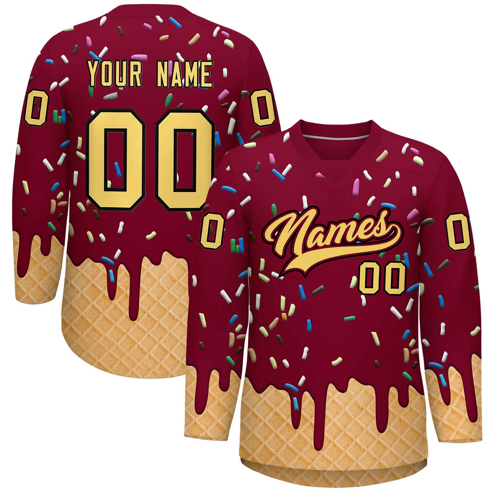 Custom Crimson Khaki Ice Cream Pattern Personalized V-Neck Hockey Jersey