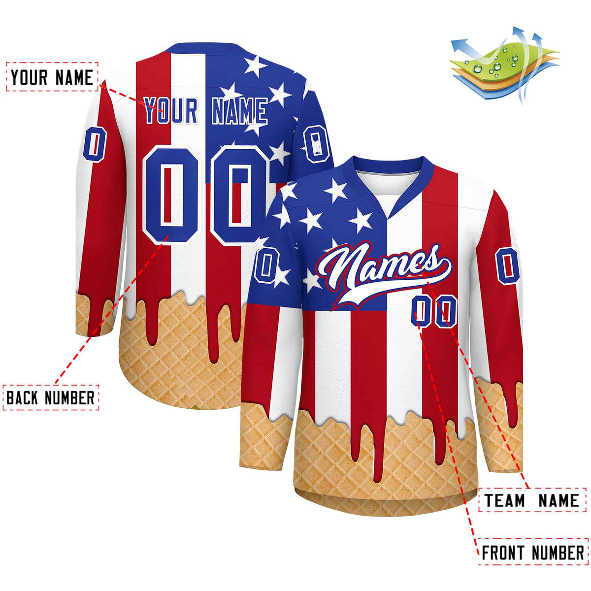 Custom American Flag White Ice Cream Pattern Personalized V-Neck Hockey Jersey