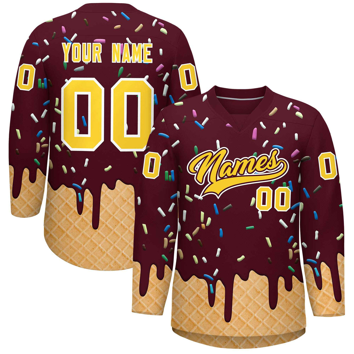 Custom Crimson Gold Ice Cream Pattern Personalized V-Neck Hockey Jersey