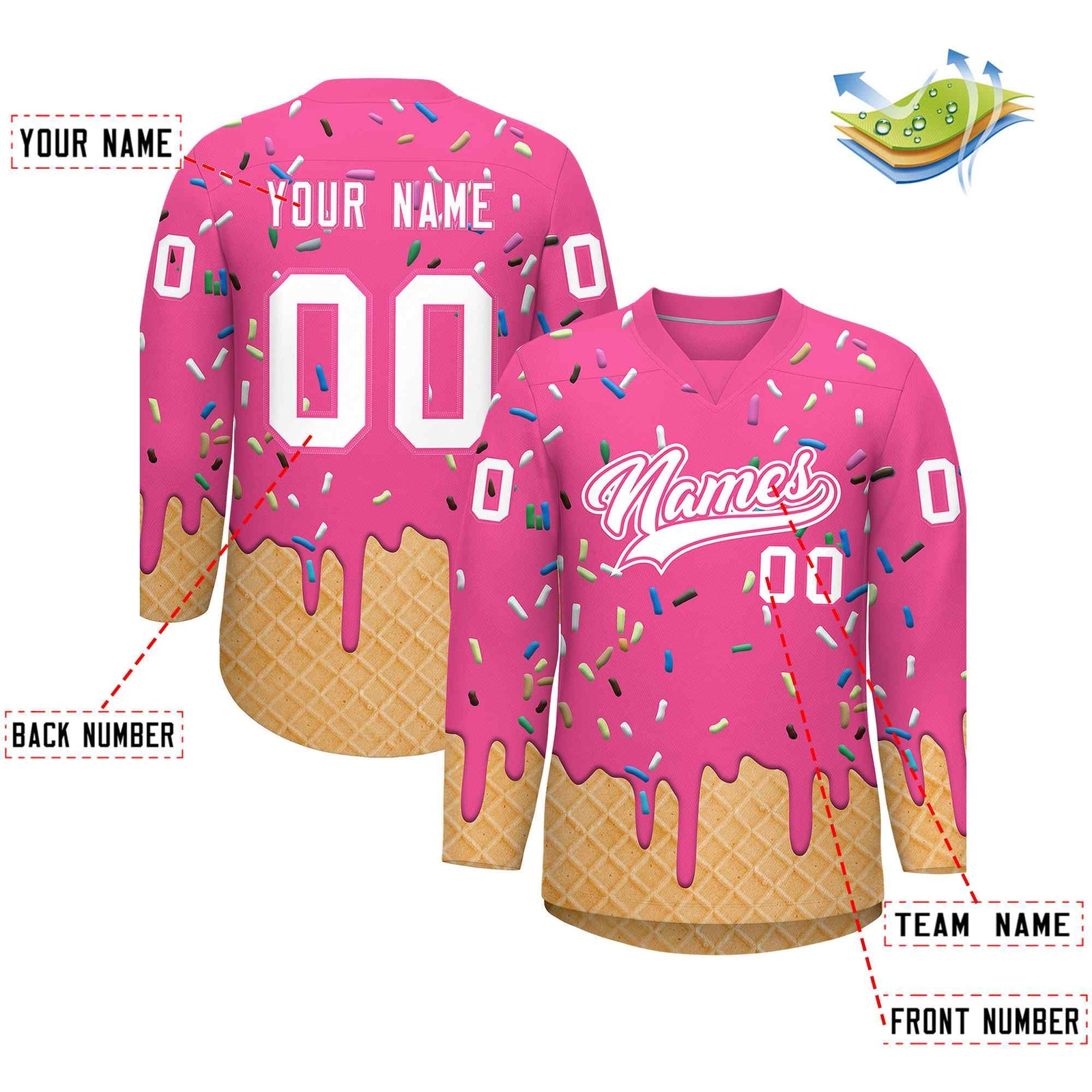 Custom Pink White Ice Cream Pattern Personalized V-Neck Hockey Jersey