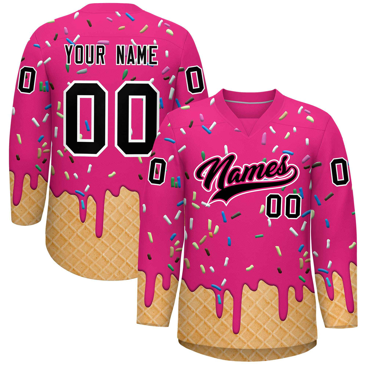 Custom Rose Red Black Ice Cream Pattern Personalized V-Neck Hockey Jersey