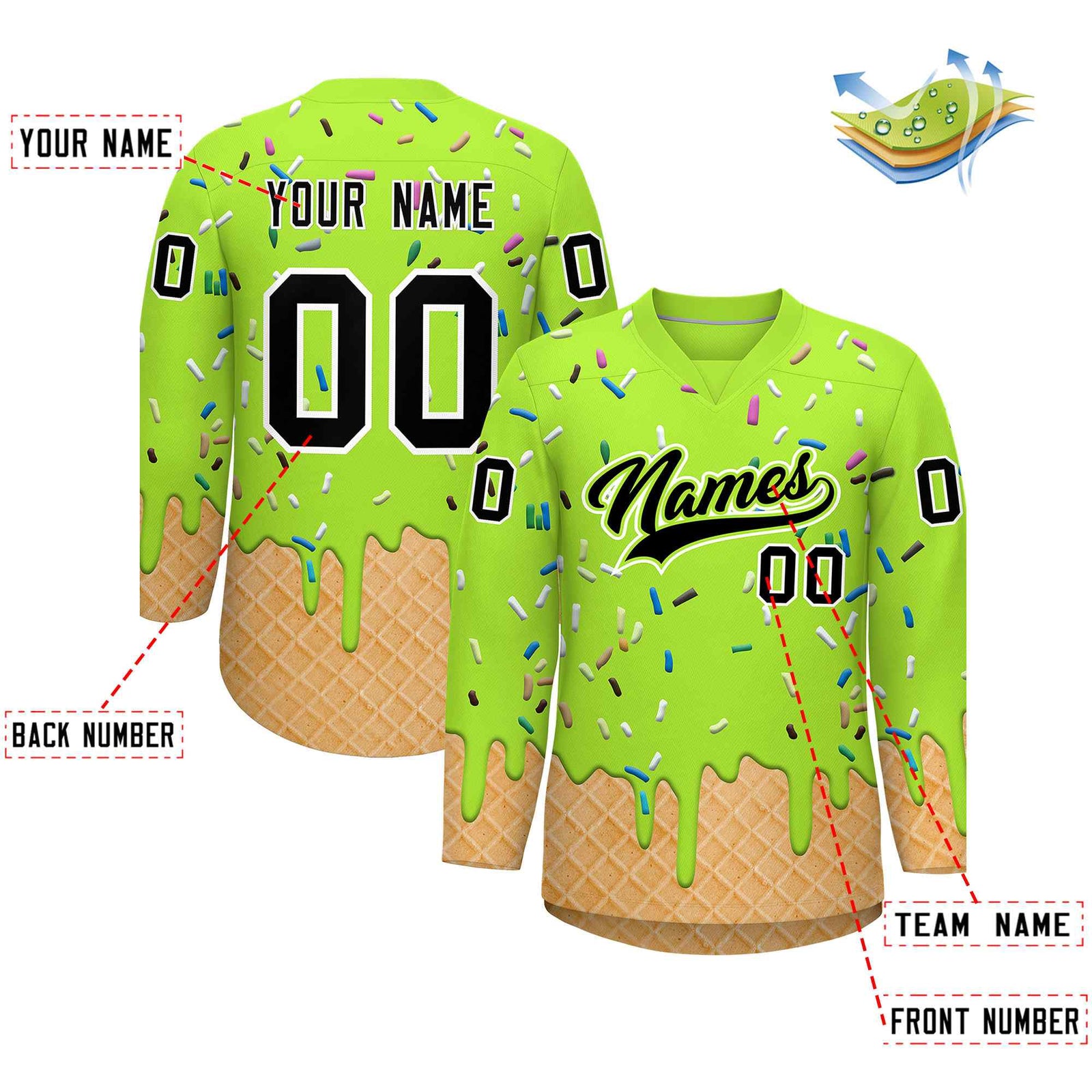 Custom Neon Green Black Ice Cream Pattern Personalized V-Neck Hockey Jersey