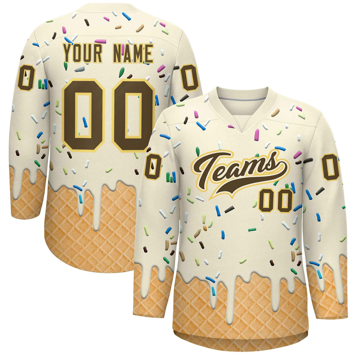 Custom Cream Light Brown Ice Cream Pattern Personalized V-Neck Hockey Jersey