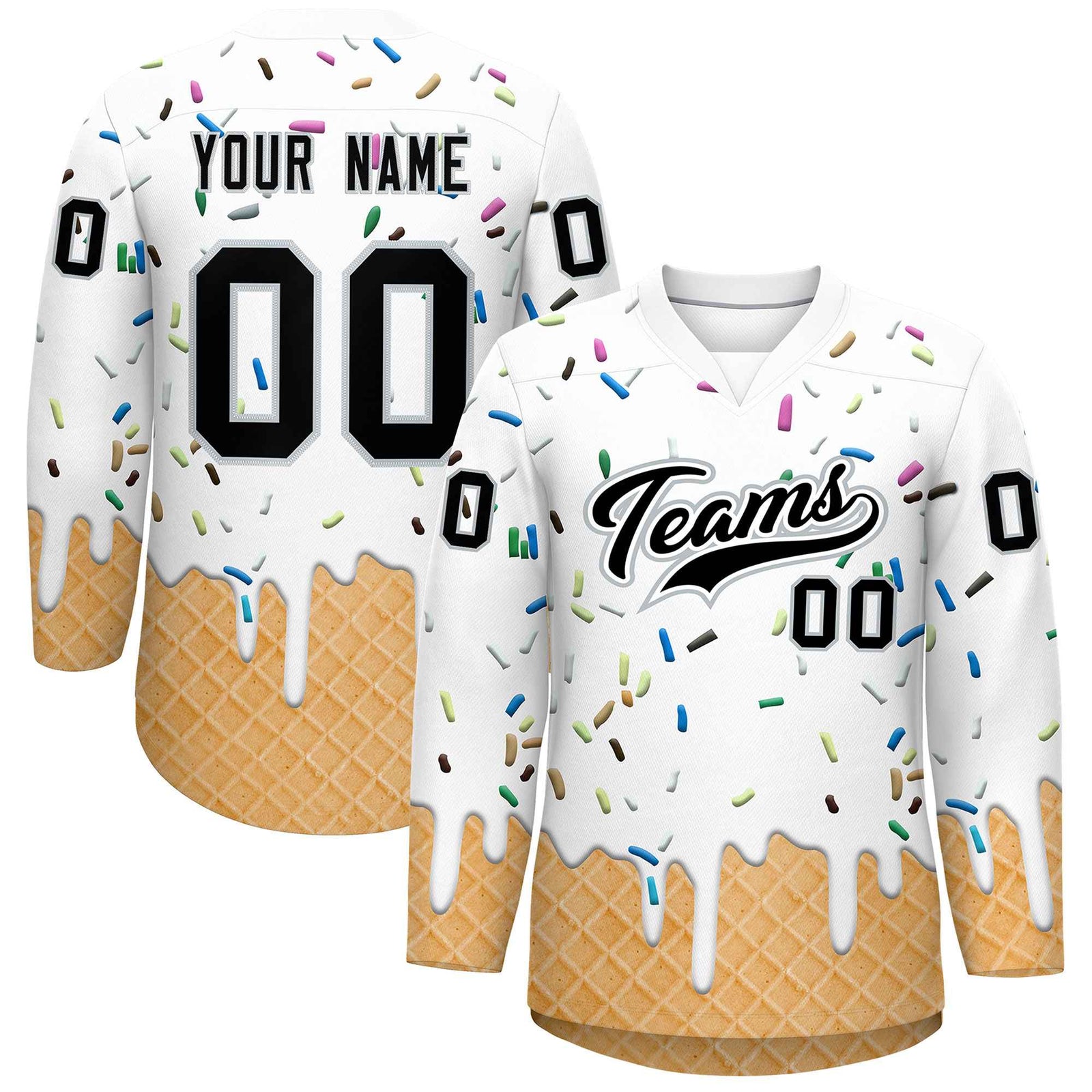 Custom White Black Ice Cream Pattern Personalized V-Neck Hockey Jersey