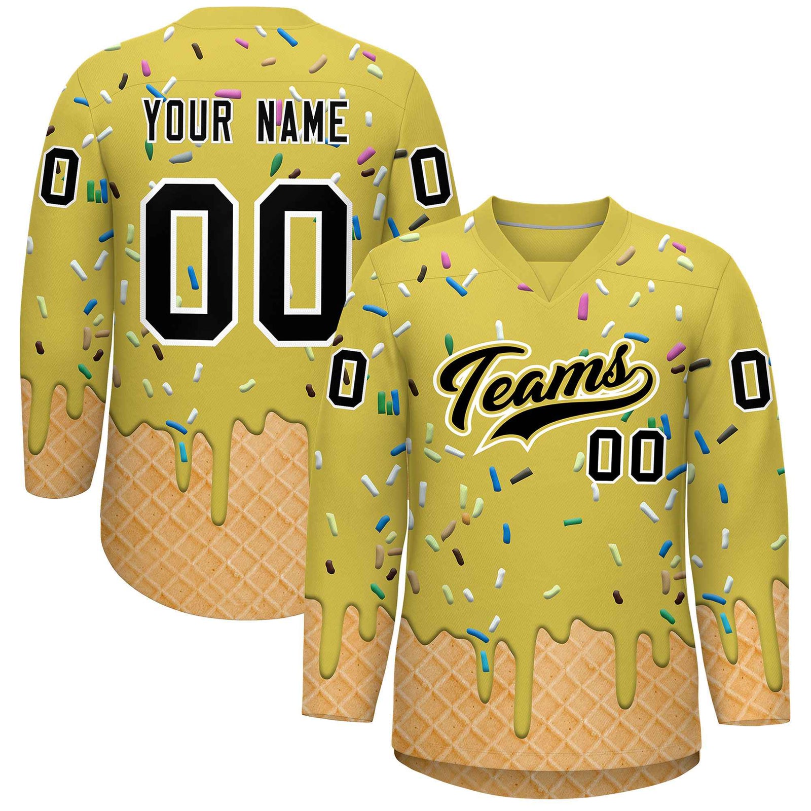 Custom Old Gold Black Ice Cream Pattern Personalized V-Neck Hockey Jersey