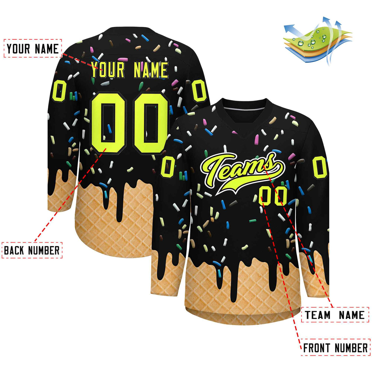 Custom Black Fluorescent Green Ice Cream Pattern Personalized V-Neck Hockey Jersey