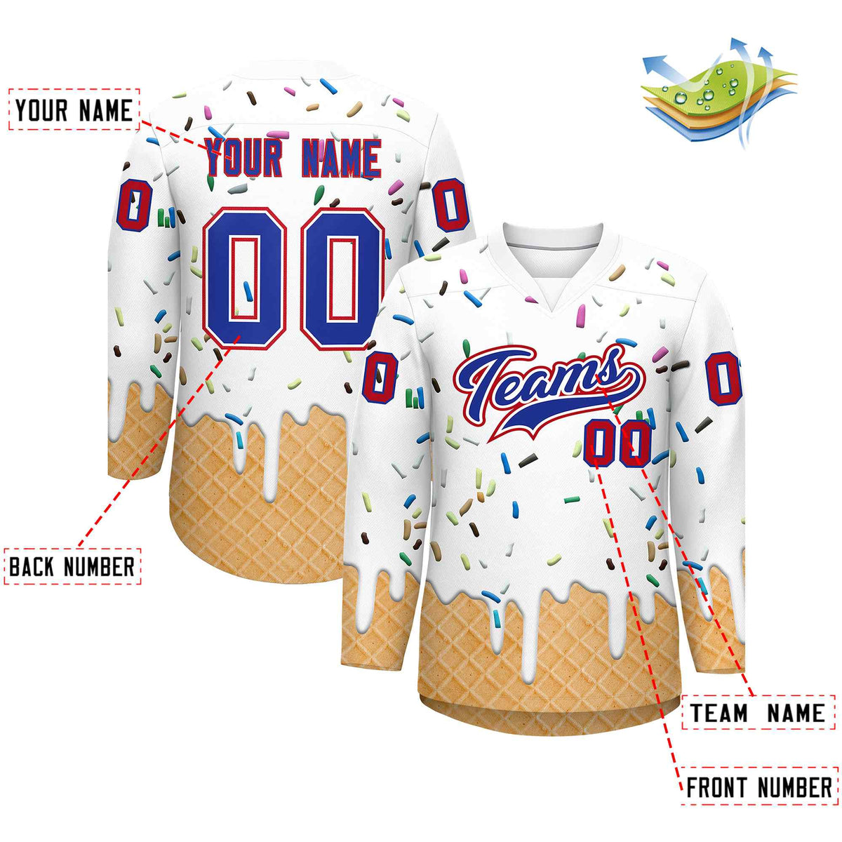 Custom White Royal Blue Ice Cream Pattern Personalized V-Neck Hockey Jersey