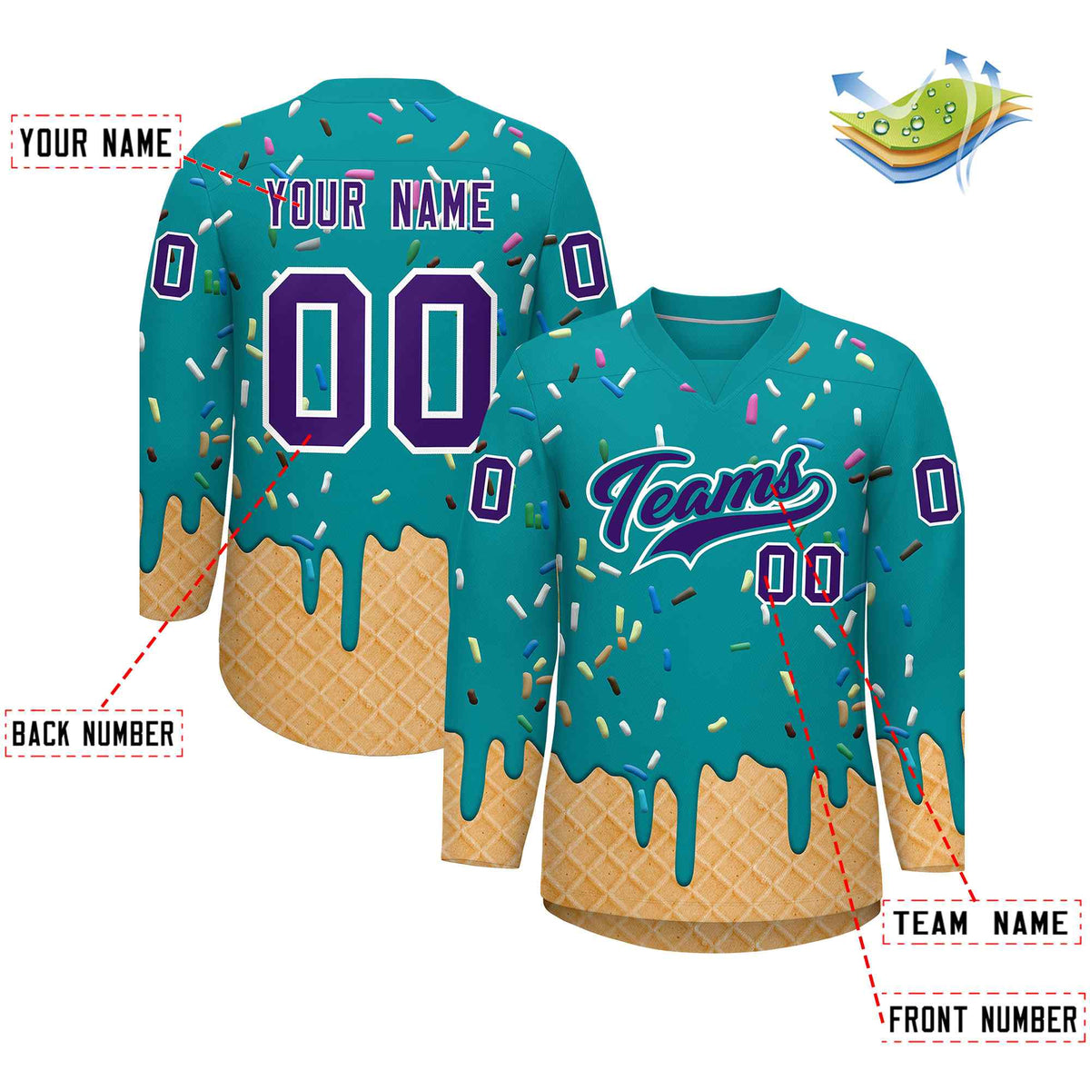 Custom Teal Purple Ice Cream Pattern Personalized V-Neck Hockey Jersey