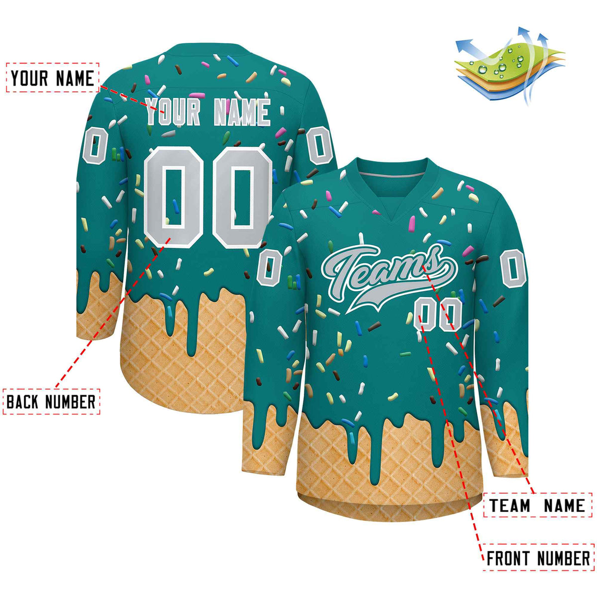 Custom Teal Silver Ice Cream Pattern Personalized V-Neck Hockey Jersey