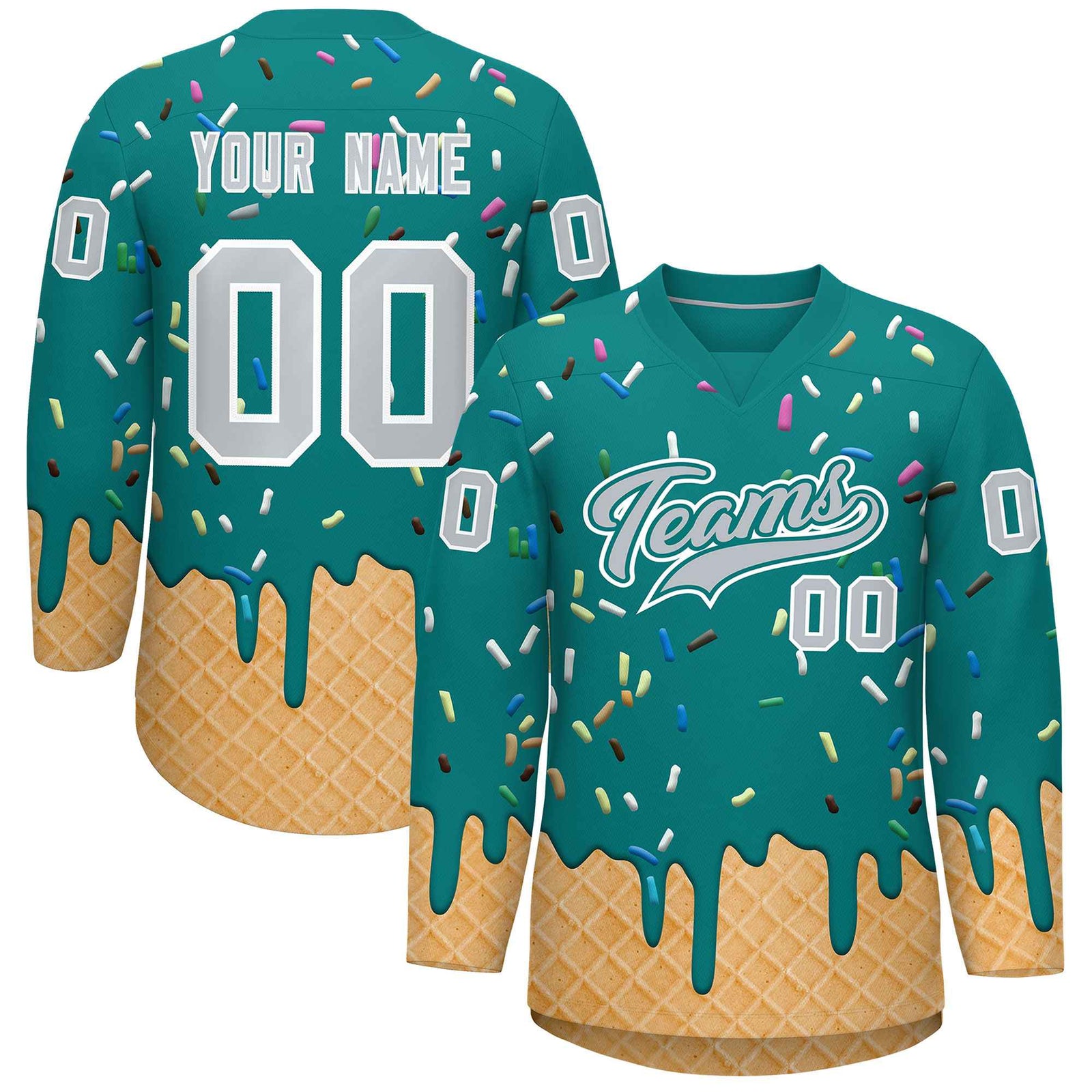 Custom Teal Silver Ice Cream Pattern Personalized V-Neck Hockey Jersey