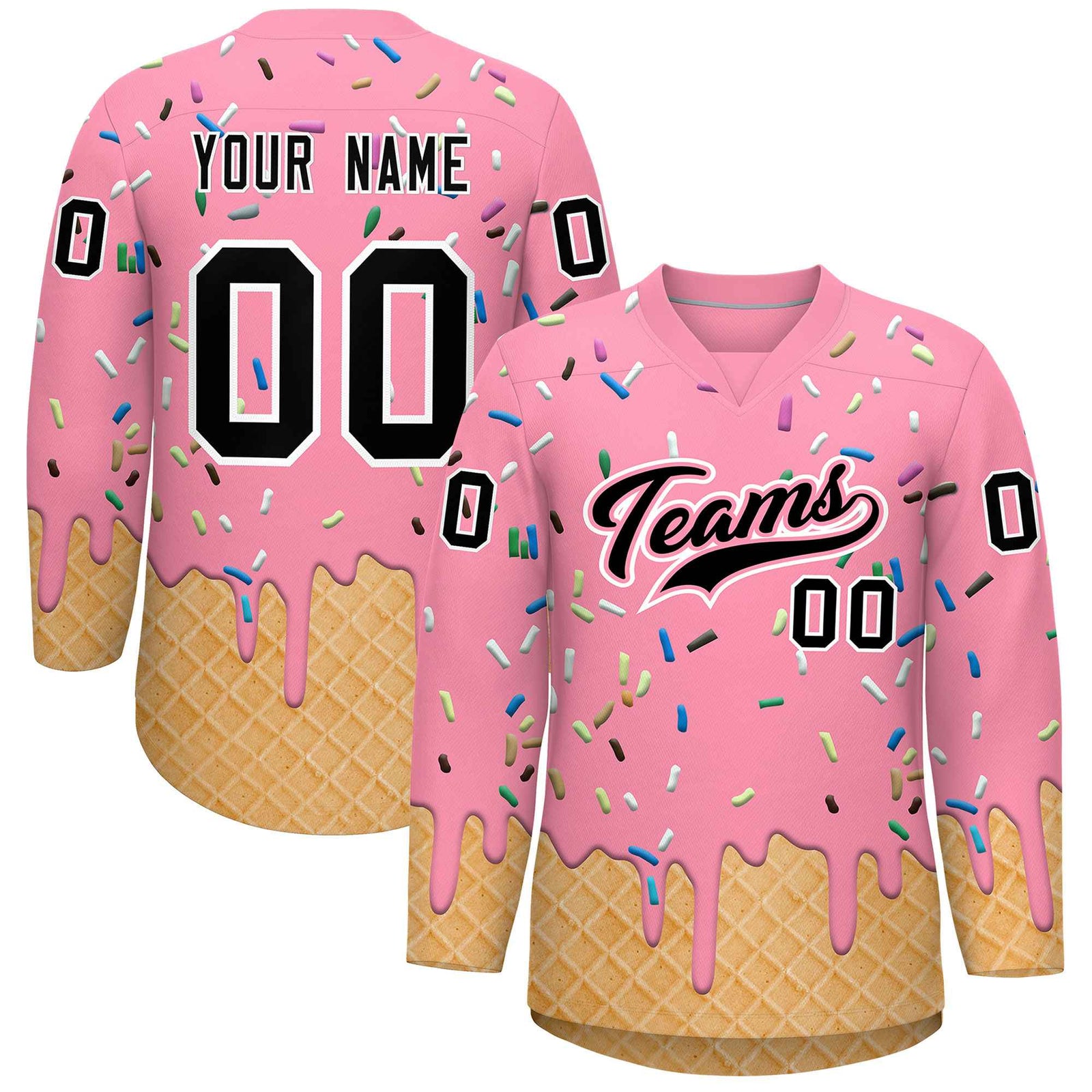Custom Light Pink Black Ice Cream Pattern Personalized V-Neck Hockey Jersey