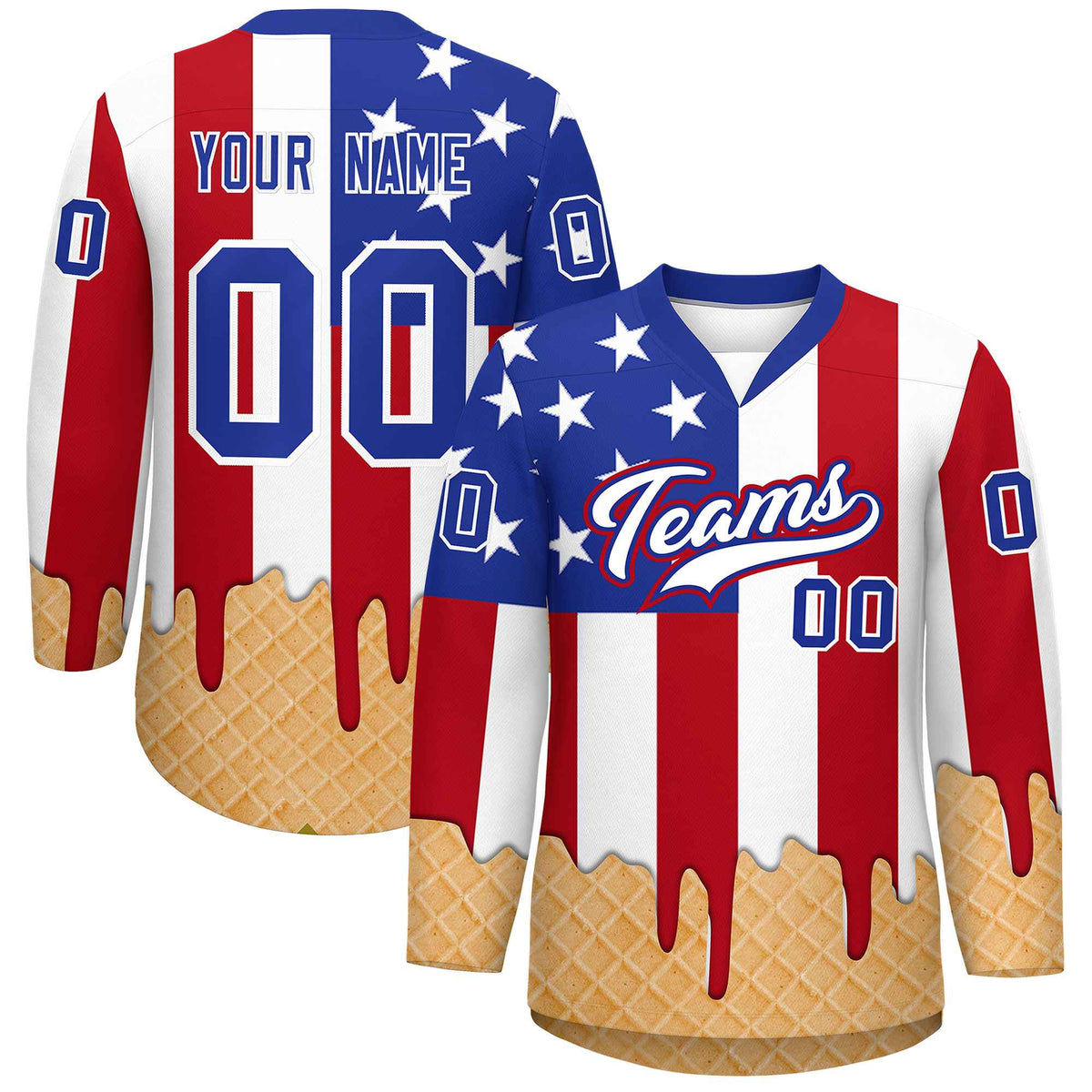 Custom American Flag White Ice Cream Pattern Personalized V-Neck Hockey Jersey
