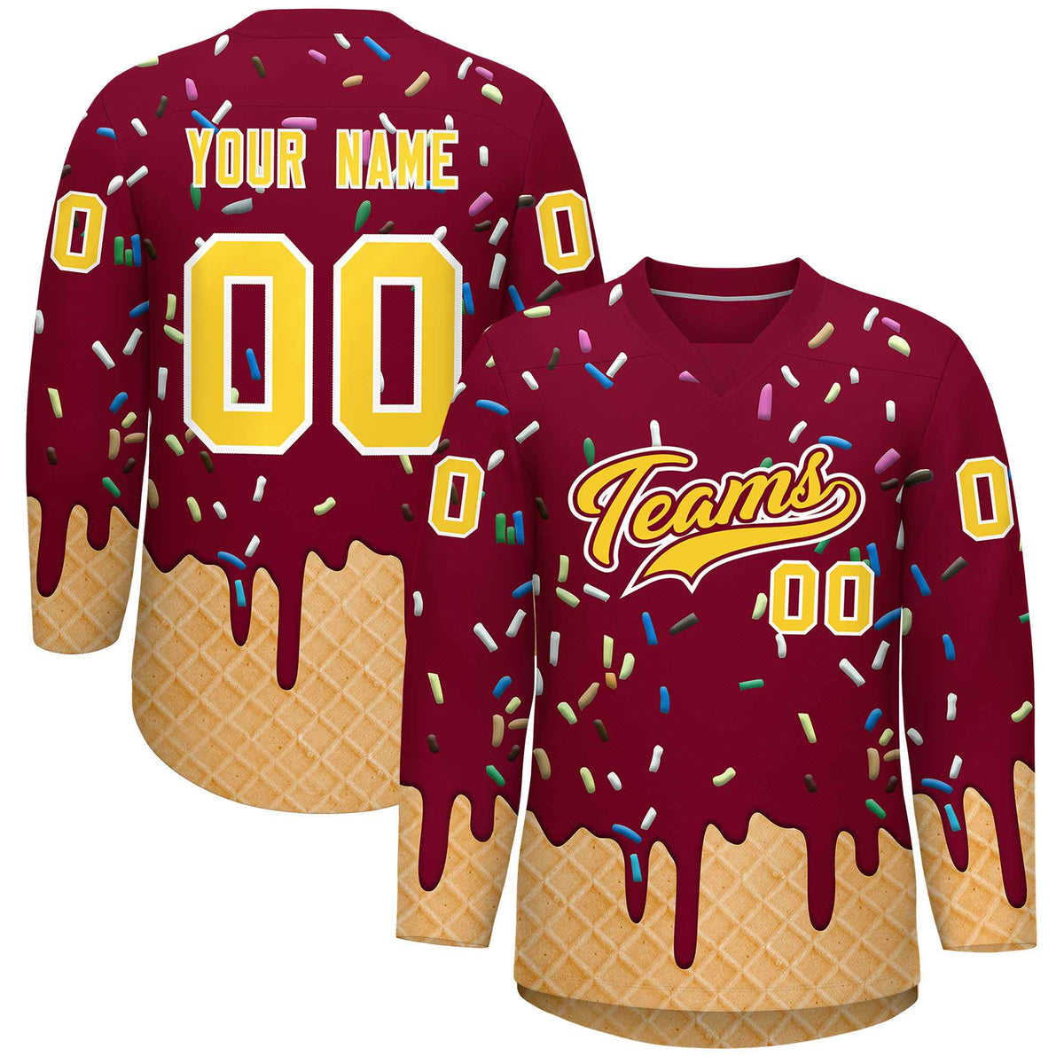 Custom Crimson Gold Ice Cream Pattern Personalized V-Neck Hockey Jersey