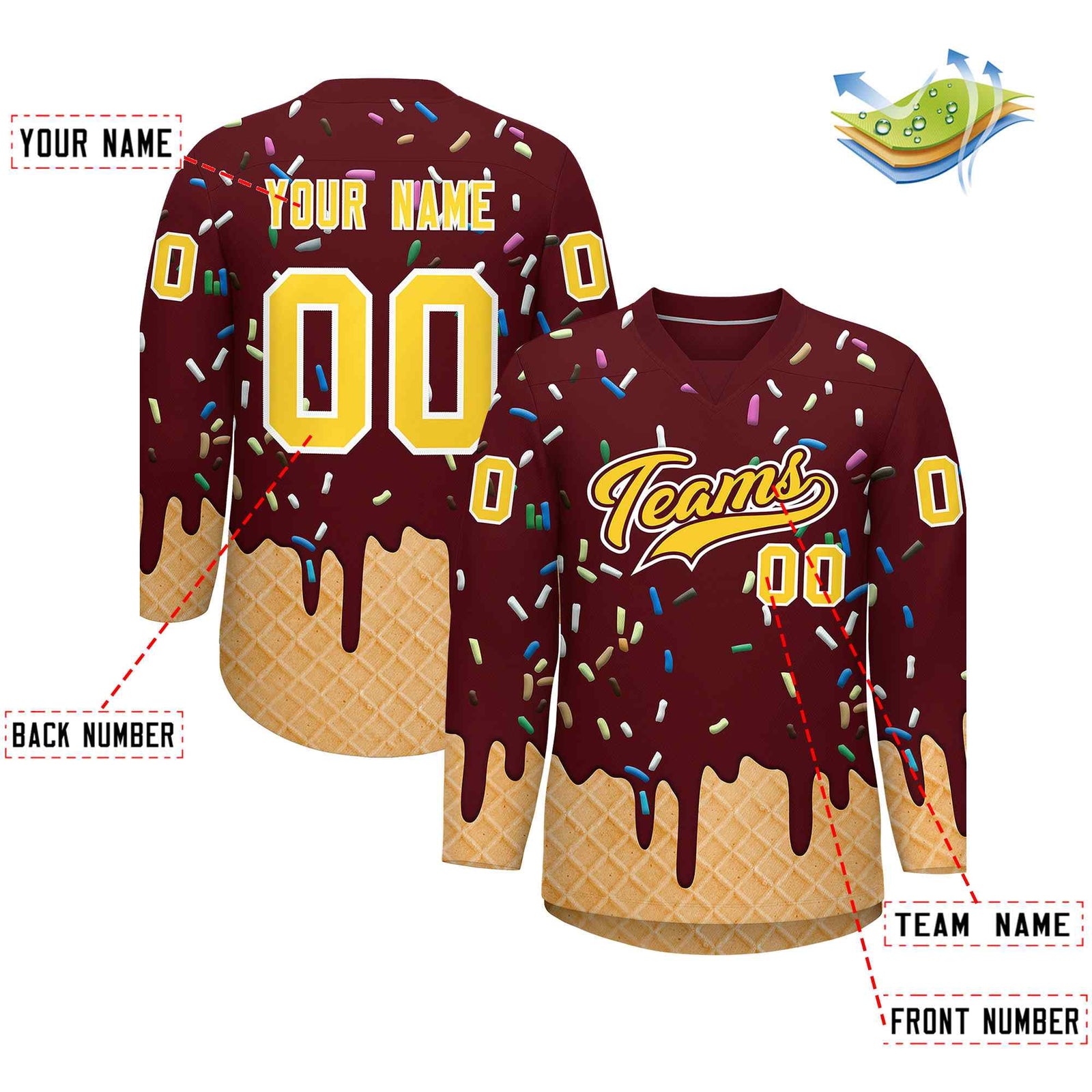 Custom Burgundy Gold Ice Cream Pattern Personalized V-Neck Hockey Jersey