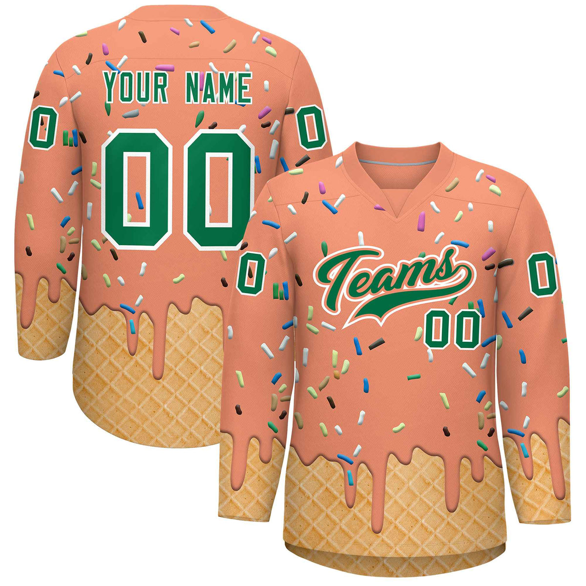 Custom Light Orange Kelly Green Ice Cream Pattern Personalized V-Neck Hockey Jersey