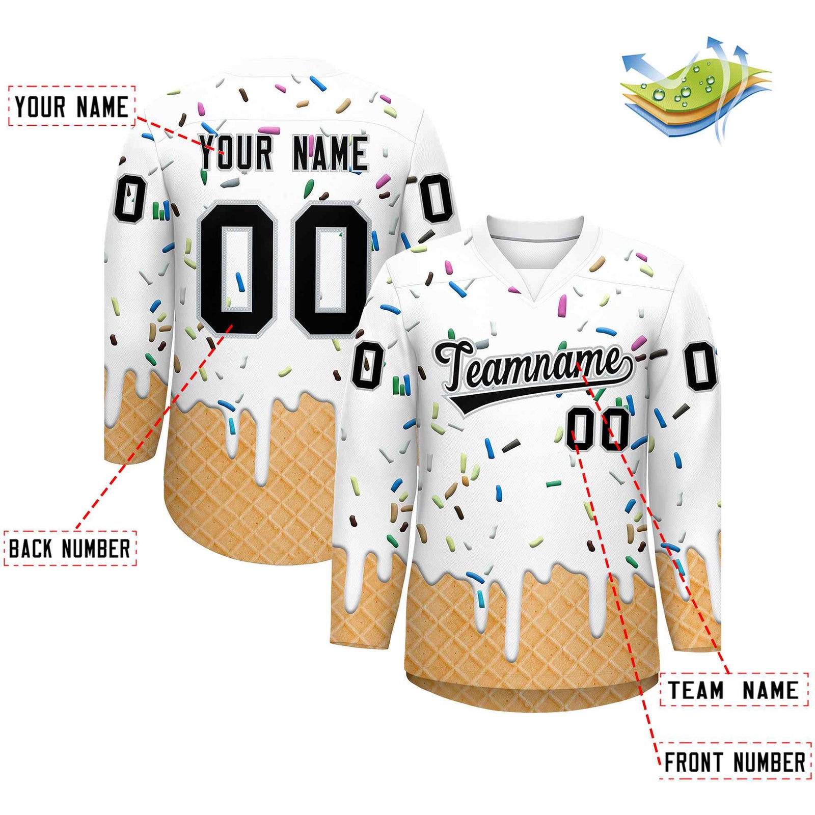 Custom White Black Ice Cream Pattern Personalized V-Neck Hockey Jersey| KXKSHOP
