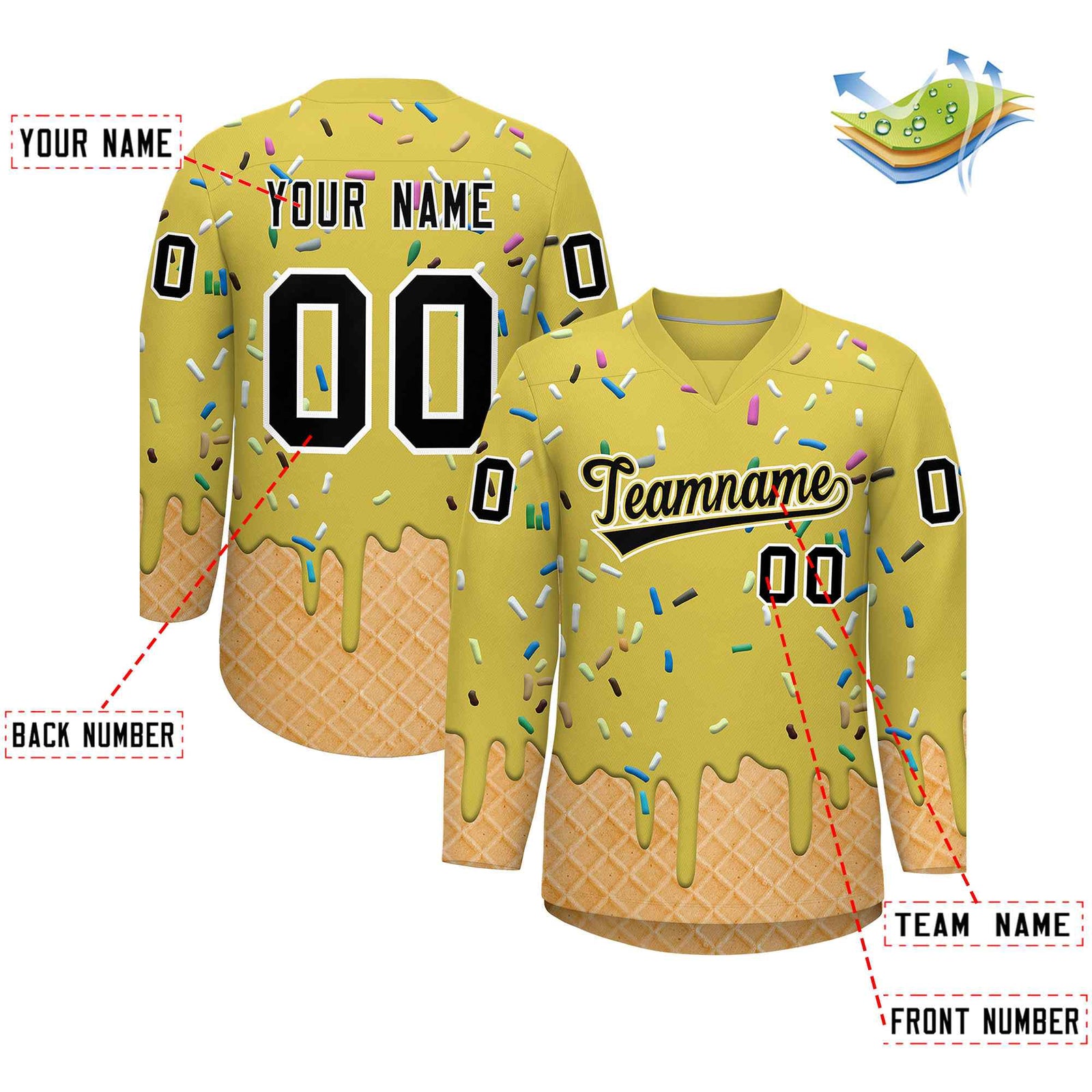 Custom Old Gold Black Ice Cream Pattern Personalized V-Neck Hockey Jersey| KXKSHOP